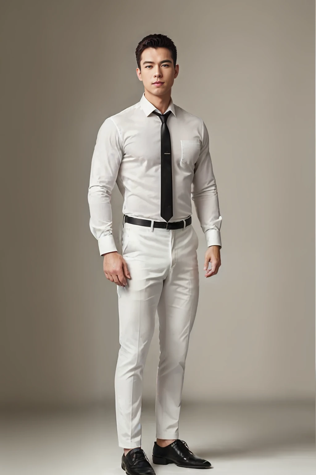 1man, 
a 30 y.o muscular male wearing long-sleeve white shirt and tie, wearing leather shoes,  full body, 
soft lighting, 
masterpiece, best quality, 8k uhd, dslr, film grain, Fujifilm XT3 photorealistic painting art by midjourney and greg rutkowski