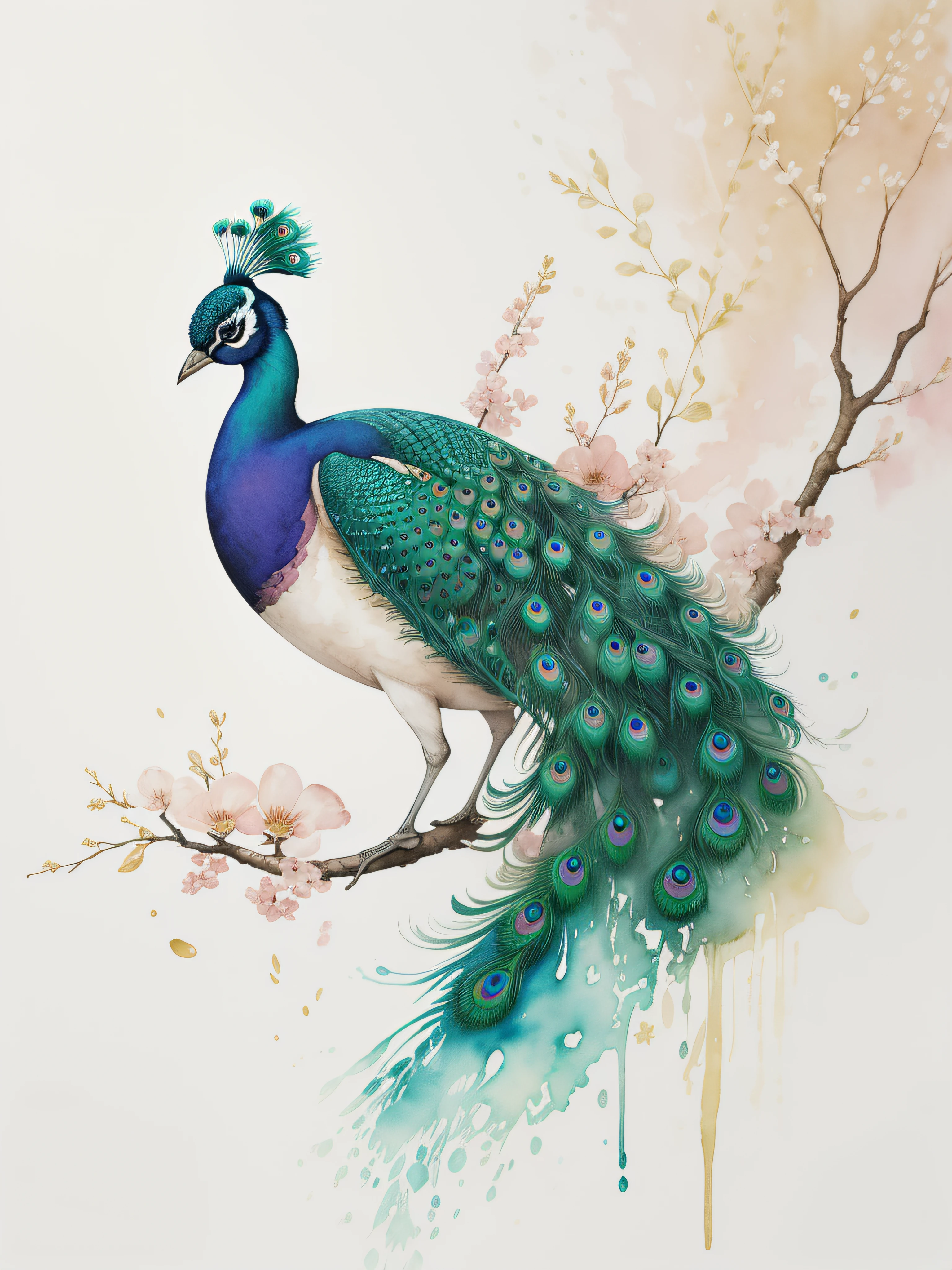 Watercolor peacock painting isolated on white background, watercolor paiting、Splash technique to reproduce wet conditions、Blurry atmosphere、Unique composition、Abstract representation、Contains elements of surrealism、Pale tones、Pale pink and gold color scheme、high resolution details、Ink splash effect、Pale colors。