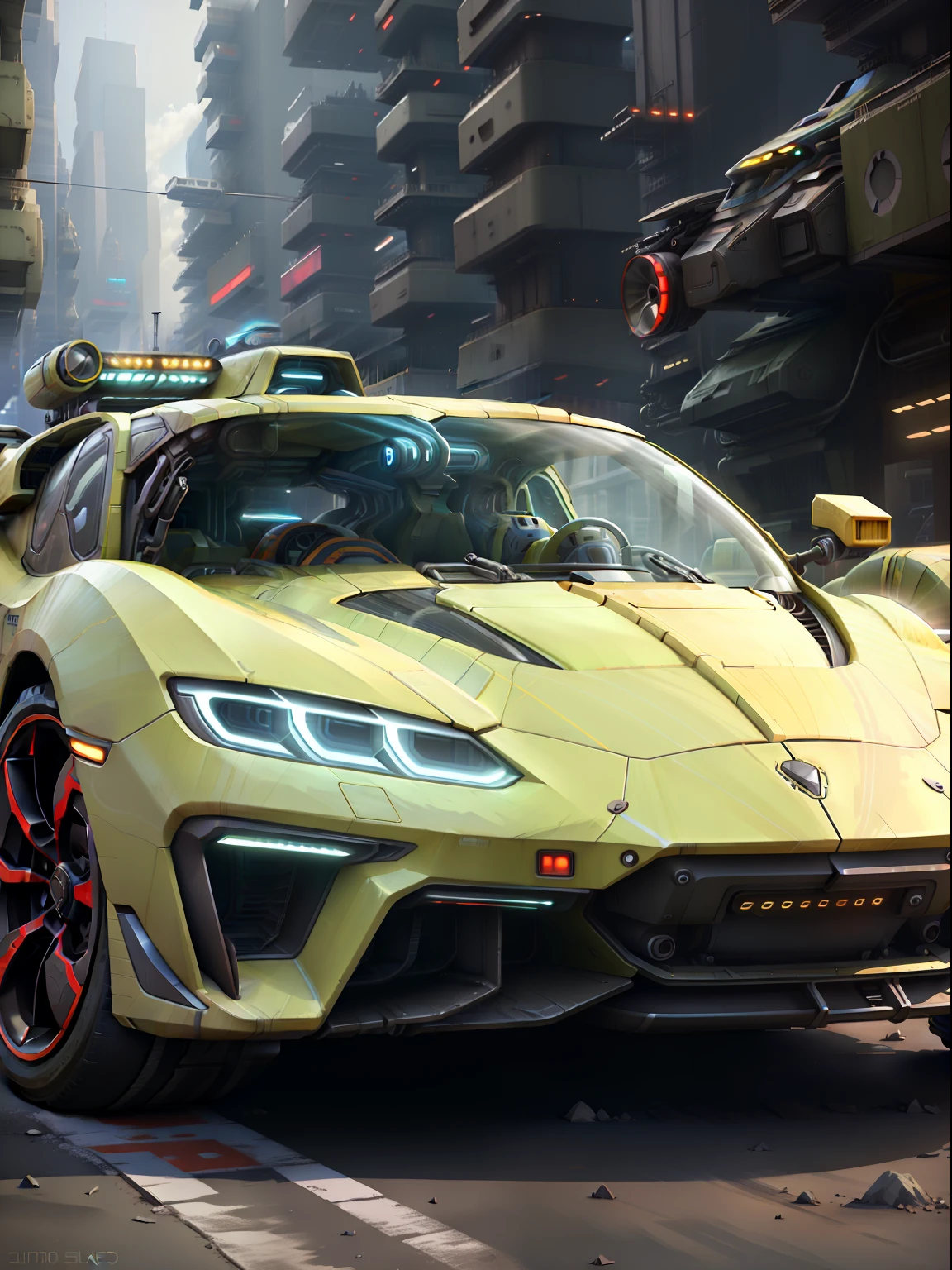 A futuristic sports car on the street of a futuristic city