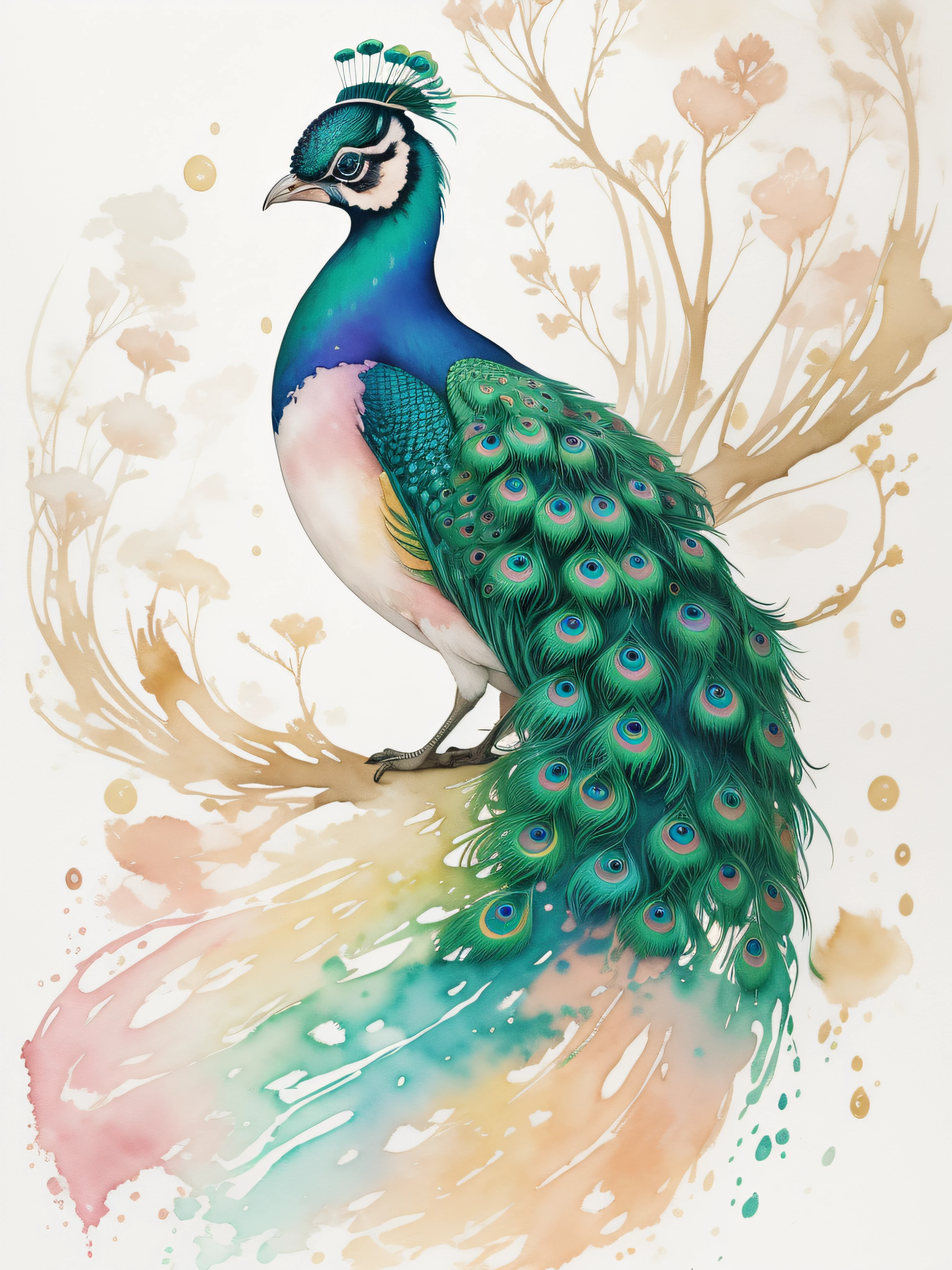 Watercolor peacock painting isolated on white background, watercolor paiting、Splash technique to reproduce wet conditions、Blurry atmosphere、Unique composition、Abstract representation、Contains elements of surrealism、Pale tones、Pale pink and gold color scheme、high resolution details、Ink splash effect、Pale colors。
