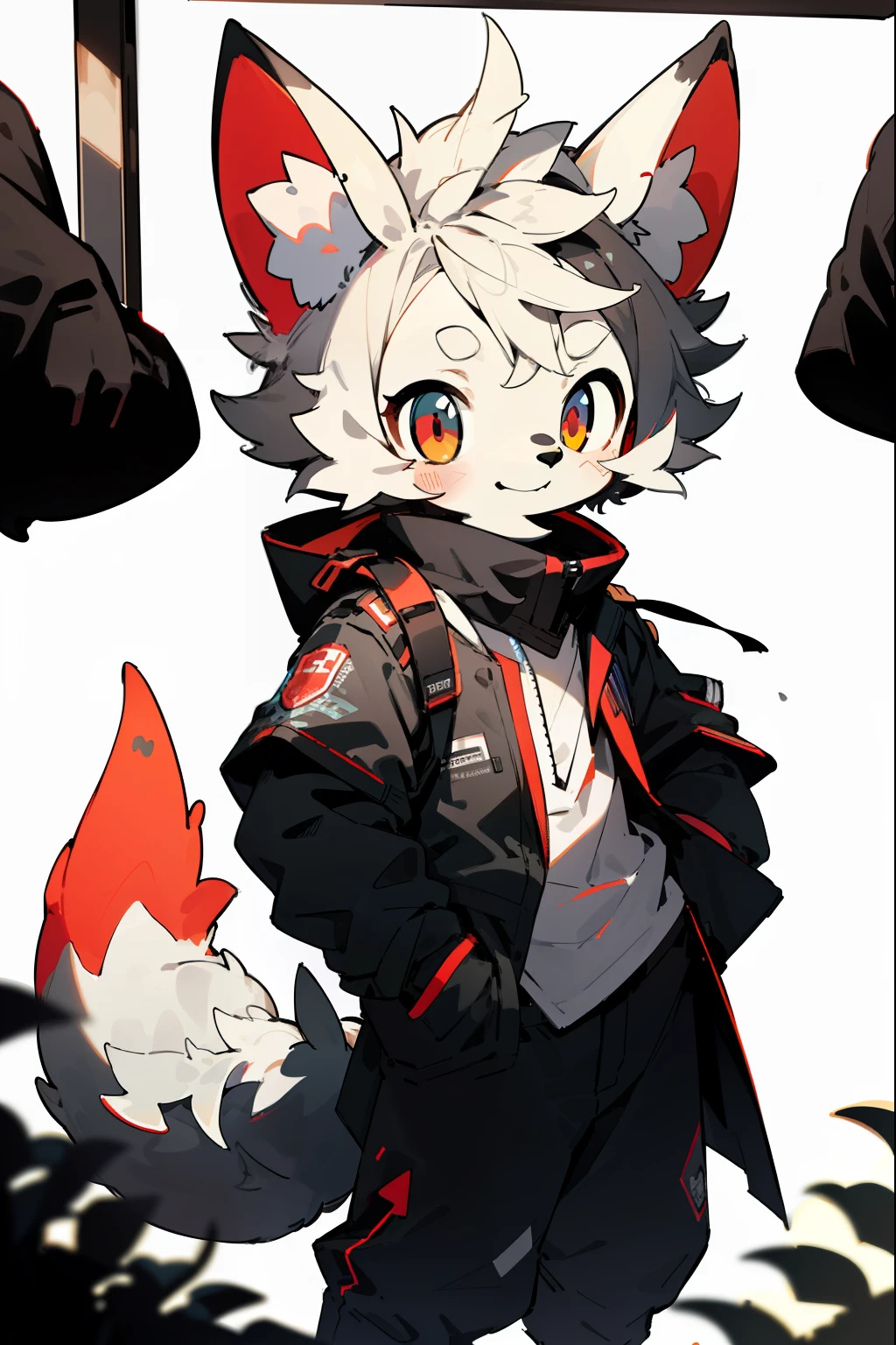 depth of fields，lighting perfect，light particules，（best qualtiy），（tmasterpiece），（ultra - detailed），Sharp focus，light particules，niji，eyesgod，Blushlush，red_eyes，looking_at_viewer，smile，solo，furry，animal_ear_fluff，open_clothes，Depth of field of view，lighting perfect，light particules，(best qualtiy)，(tmasterpiece)，(hyper-detailing)，foco nítido，light particules，Soft light，full bodyesbian，Wearing a white coat(The coat has a left pocket on the chest)，(Shoulder patch)，(The left arm has a red armband)，Black slacks，Black sweatshirt，wears glasses(Black frame)，mtu，Young person，White tones，White body，White head，Pink ears，Computer Engineer，sit on chair，In a warm room with good light，Chew one's cod，looking at the observer，He held a book in his left hand(The title of the book is:《Nuclear Automatic Control Research Report》)