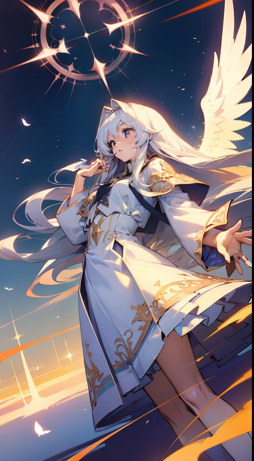long white hair,girls,Angel wings,angelicales,Aperture above the head,The Holy Light shines,Huge formation,Floating in the sky,Long hair and waist,Long skirts flying,In the daytime,The light shines,holy,tmasterpiece,filigree。