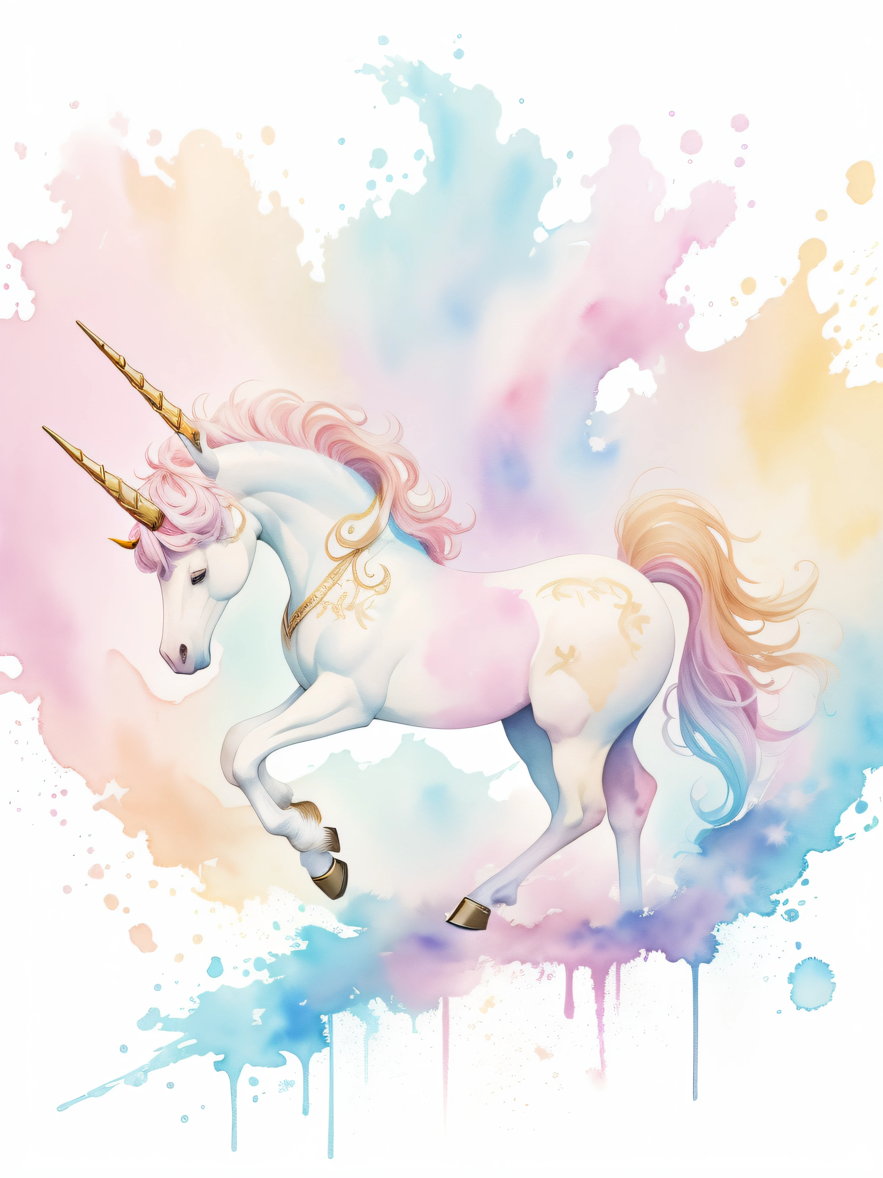 Watercolor unicorn painting isolated on white background, watercolor paiting、Splash technique to reproduce wet conditions、Blurry atmosphere、Unique composition、Abstract representation、Contains elements of surrealism、Pale tones、Pale pink and gold color scheme、high resolution details、Ink splash effect、Pale colors。