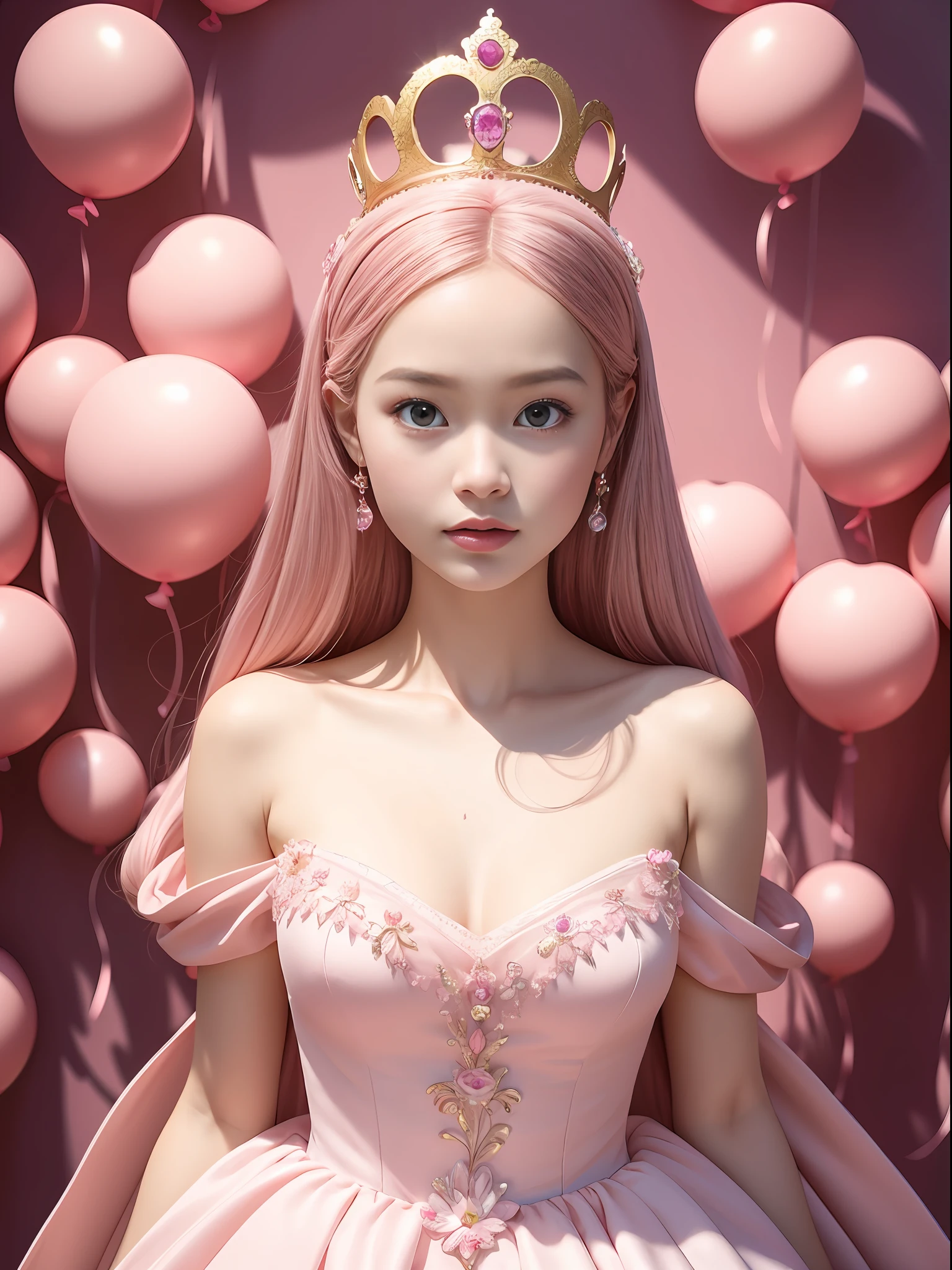 A Barbie princess wearing a lovely pink dress, wearing a beautiful crown, an indoor photography of a labyrinth of monumental, inflated pink balloons, an art installation by Martin Creed, ((Full body shot)), pink background, delicate face, white skin, delicate facial features, perfect facial features, delicate hair portrayal, delicate eyes portrayal, 8k picture quality, atmosphere sense, the highest quality, masterwork, extreme detail, high resolution, blurry foreground, foreshortening, high quality, Masterpiece, best quality