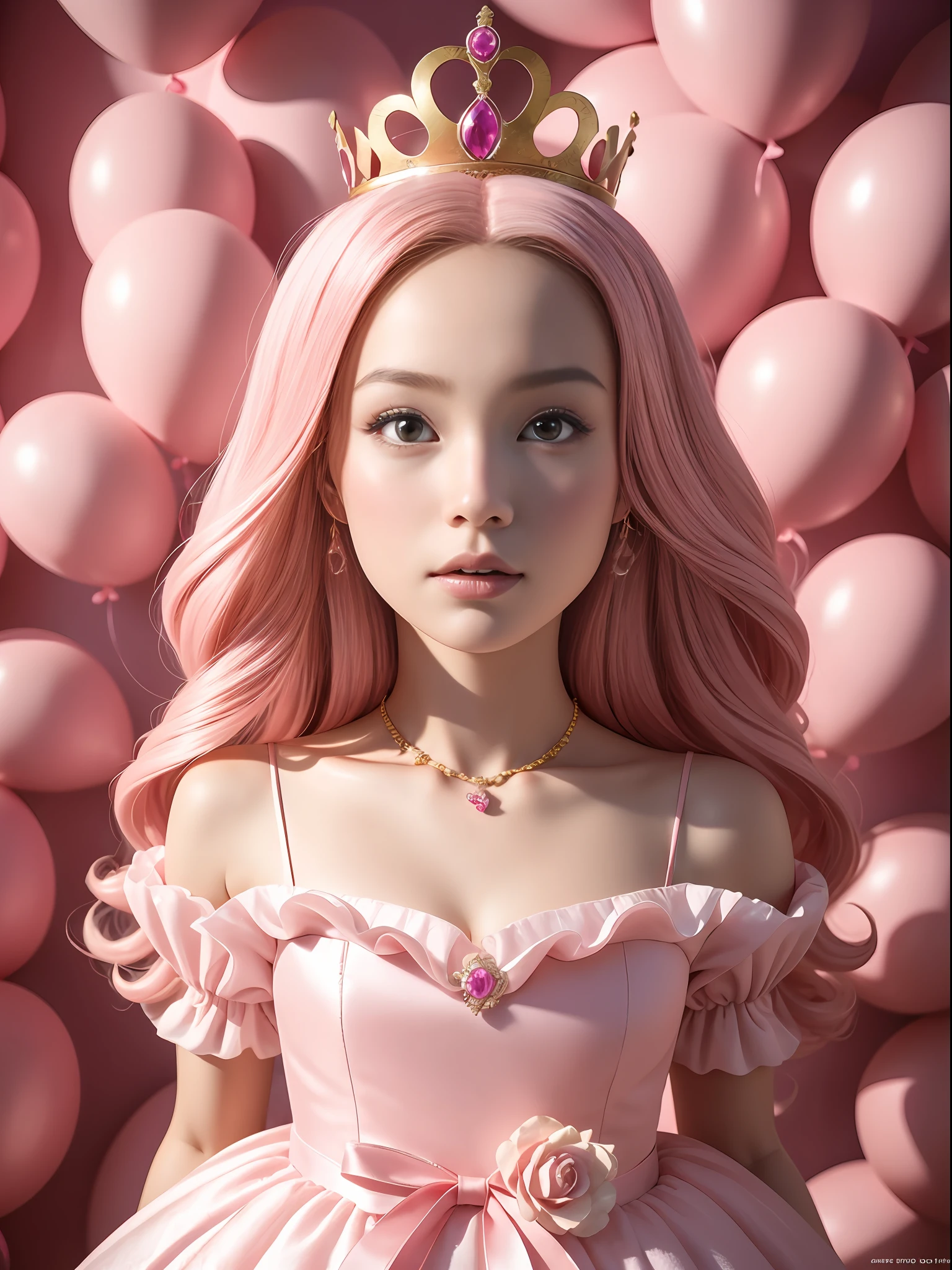 A Barbie princess wearing a lovely pink dress, wearing a beautiful crown, an indoor photography of a labyrinth of monumental, inflated pink balloons, an art installation by Martin Creed, ((Full body shot)), pink background, delicate face, white skin, delicate facial features, perfect facial features, delicate hair portrayal, delicate eyes portrayal, 8k picture quality, atmosphere sense, the highest quality, masterwork, extreme detail, high resolution, blurry foreground, foreshortening, high quality, Masterpiece, best quality