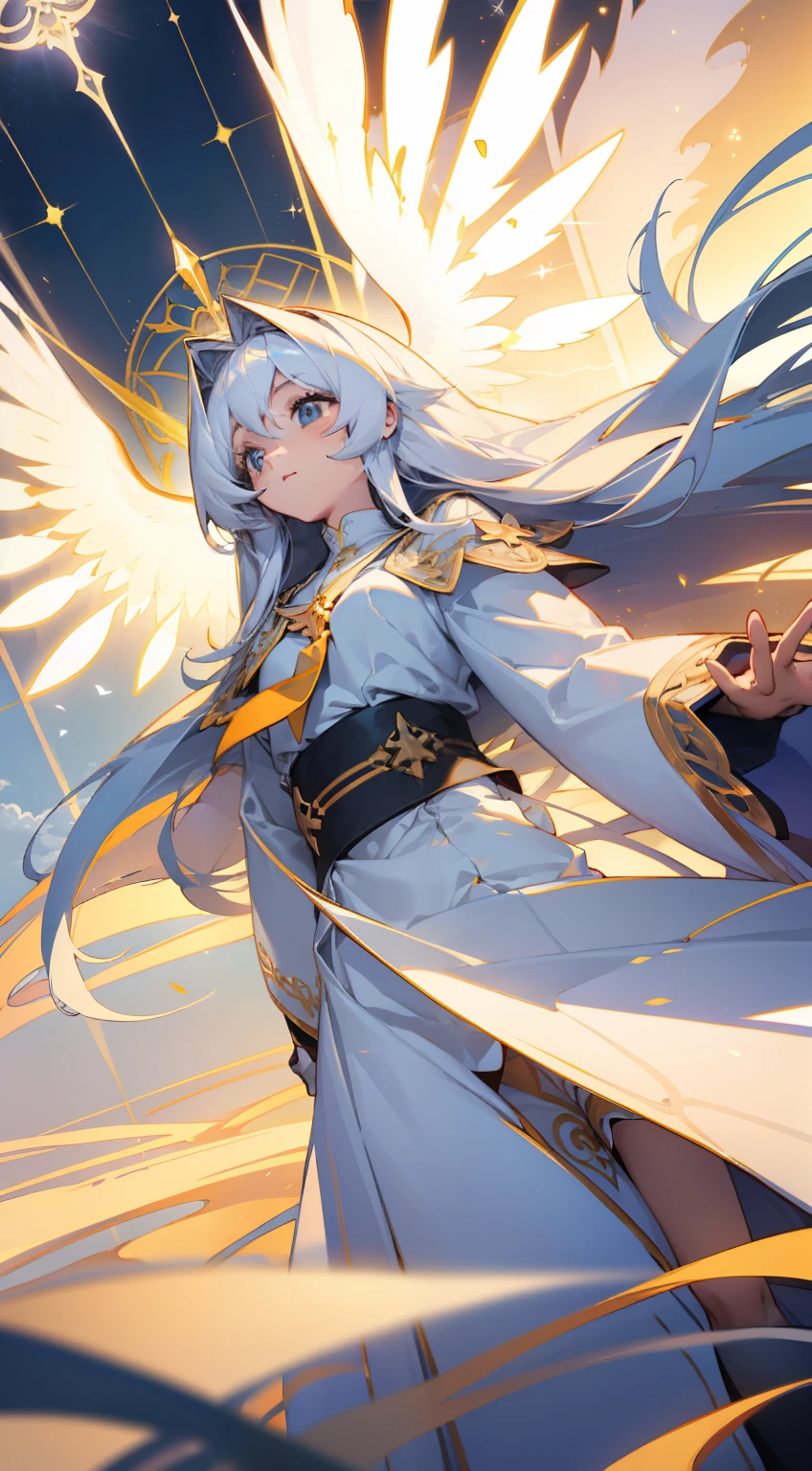 long white hair,schoolgirls,Angel wings,angelicales,Aperture above the head,The Holy Light shines,Huge formation,Floating in the sky,Long hair and waist,socking,Long skirts flying,In the daytime,The light shines,Holy,tmasterpiece,filigree。