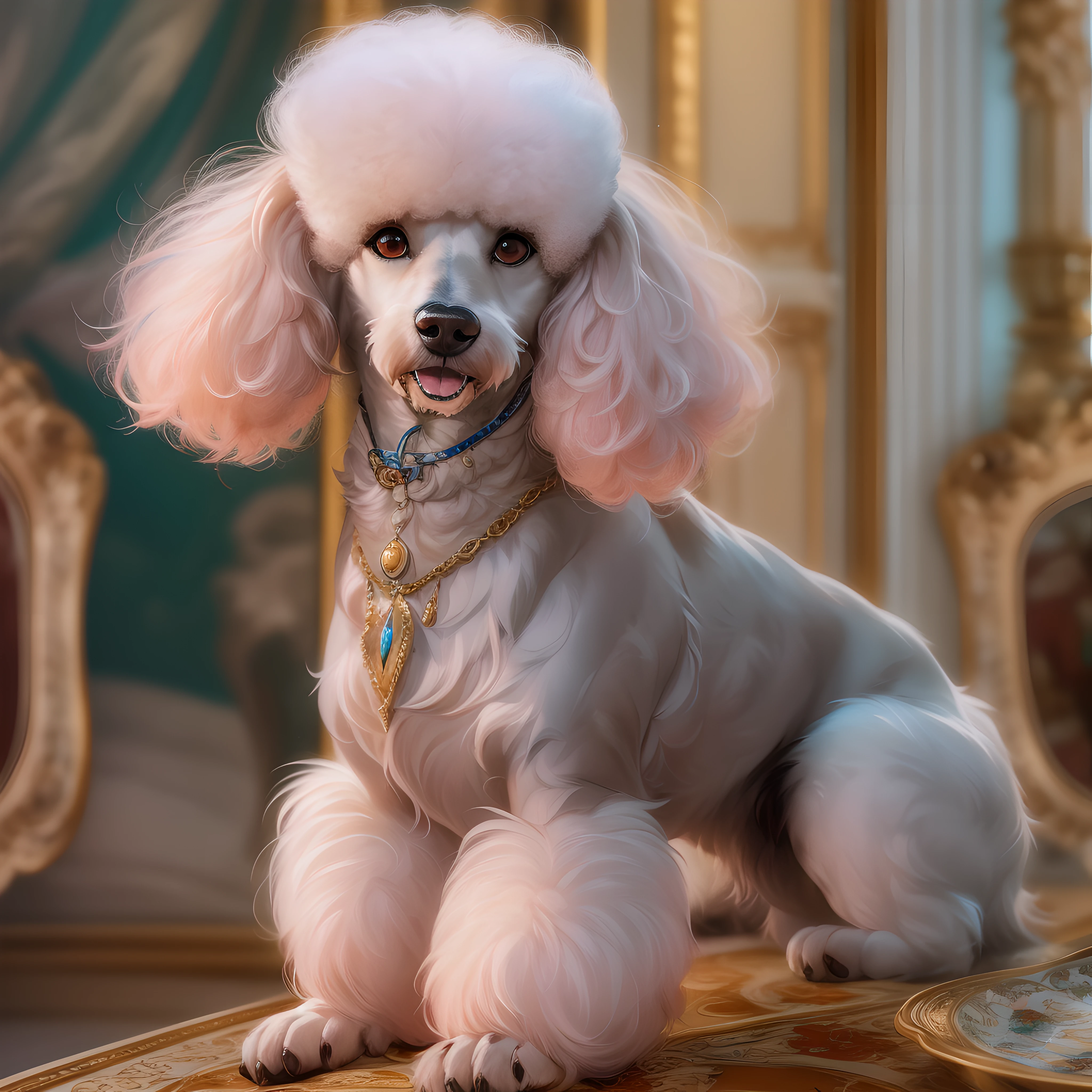 poodle, noble, Elegance, Luxurious attire, A variety of colors, Aristmood, Aristocratic background, ultra-definition, ​masterpiece, super detaill, extremely high quality, The ultra-Highres, 8k, HDR, Sharp focus, precisely anatomy, fine art, Very clear background, sole, Creative, Sharp every detail,