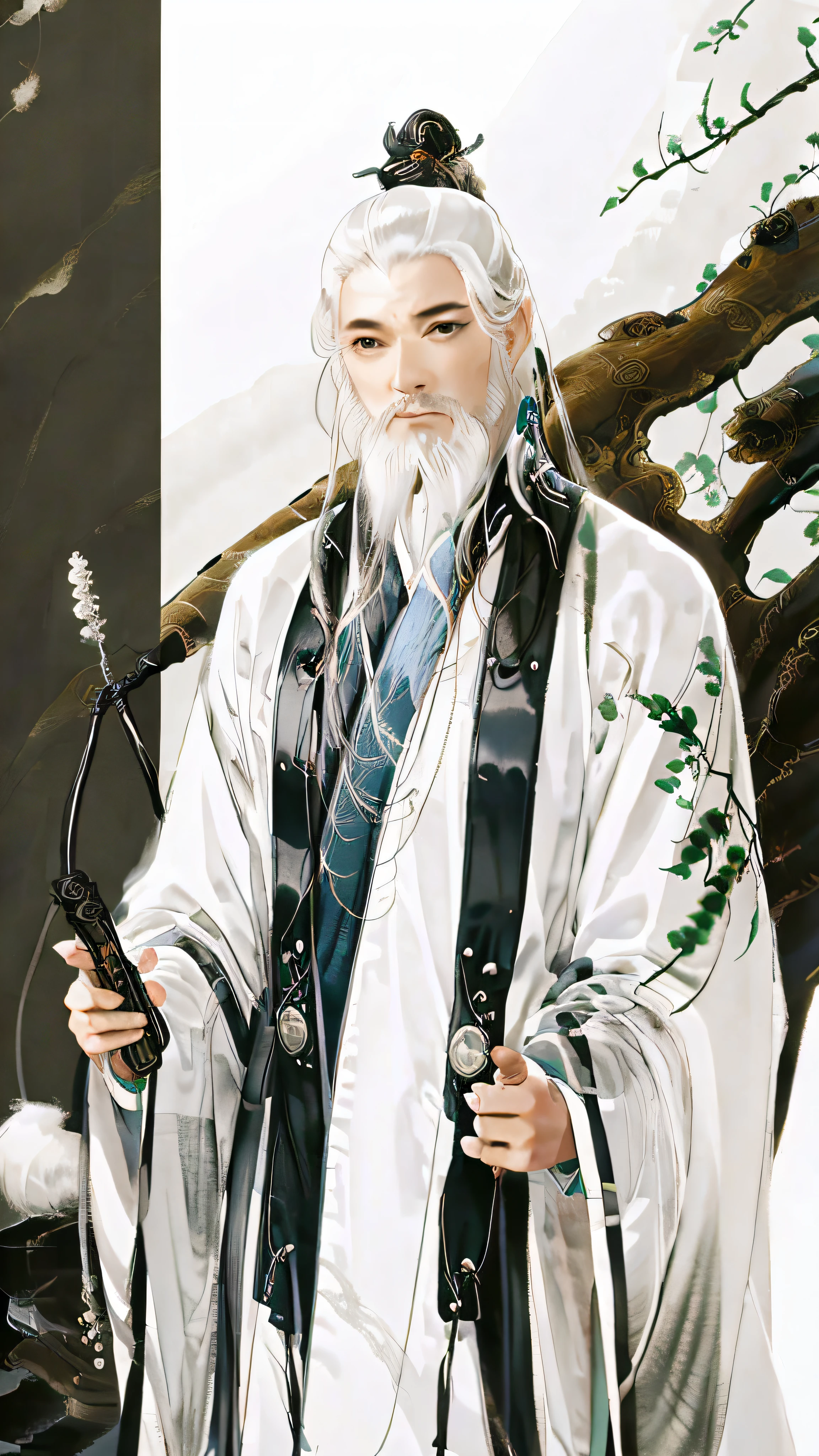 A Chinese ink painting，The painting shows a male Taoist priest wearing a Taoist robe，White hair，Long white beard，The saint holds a whisk of dust。On the table are Taoist objects such as Qi Men Bagua，Stand in front of a traditional Chinese Taoist temple，Wisps of cigarettes wafted in the air。Bamboo trees should be on both sides of the temple。Illustrations should reflect the style of traditional Chinese ink painting。Depicting Taoist monks in the traditional Chinese ink painting style，The essence that evokes the inspiration of Eastern culture and the tranquility of Taoist temples。