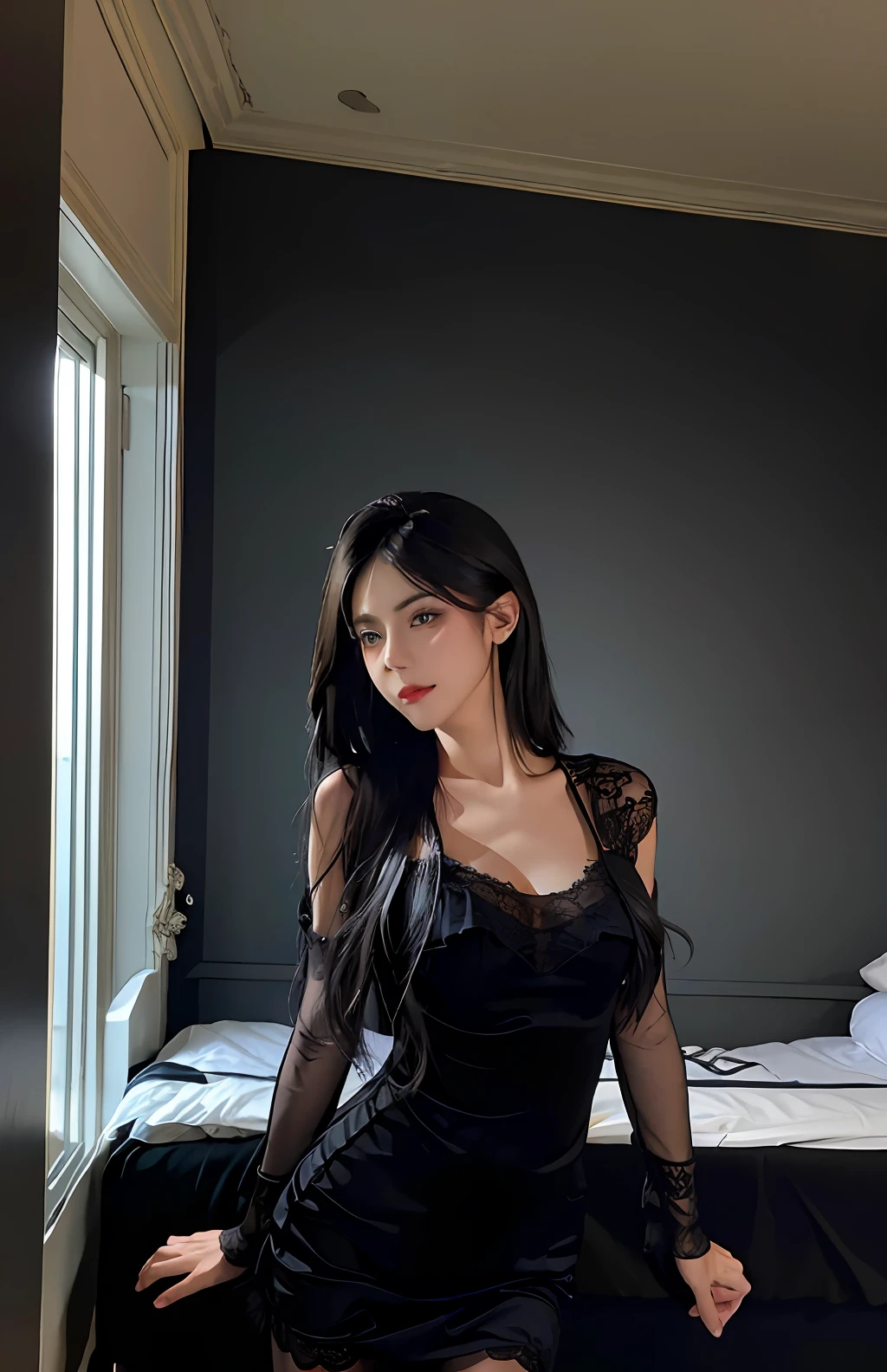 Best quality, masterpiece, ultra high res, (photorealistic:1.4), raw photo, 1girl, ((black lace nightgown)), ((small breast)), cold light