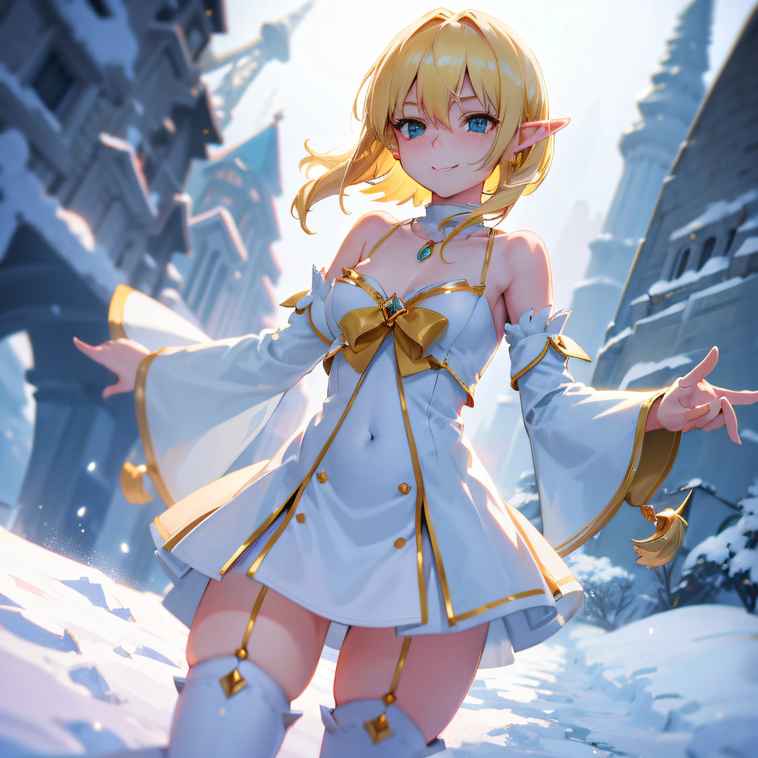 1 cute elf girl,Standing in the snow,hands on the chest,looking at the distance,Delicate short blonde hair,Tall and slender ,Delicate stockings,Beautiful sexy clothes,Beautiful necklace,Beautiful earrings,light smile, blonde hair, colored inner hair, Surrealism, drop shadow, anaglyph, tachi-e, pov, atmospheric perspective, super detail, ccurate, best quality