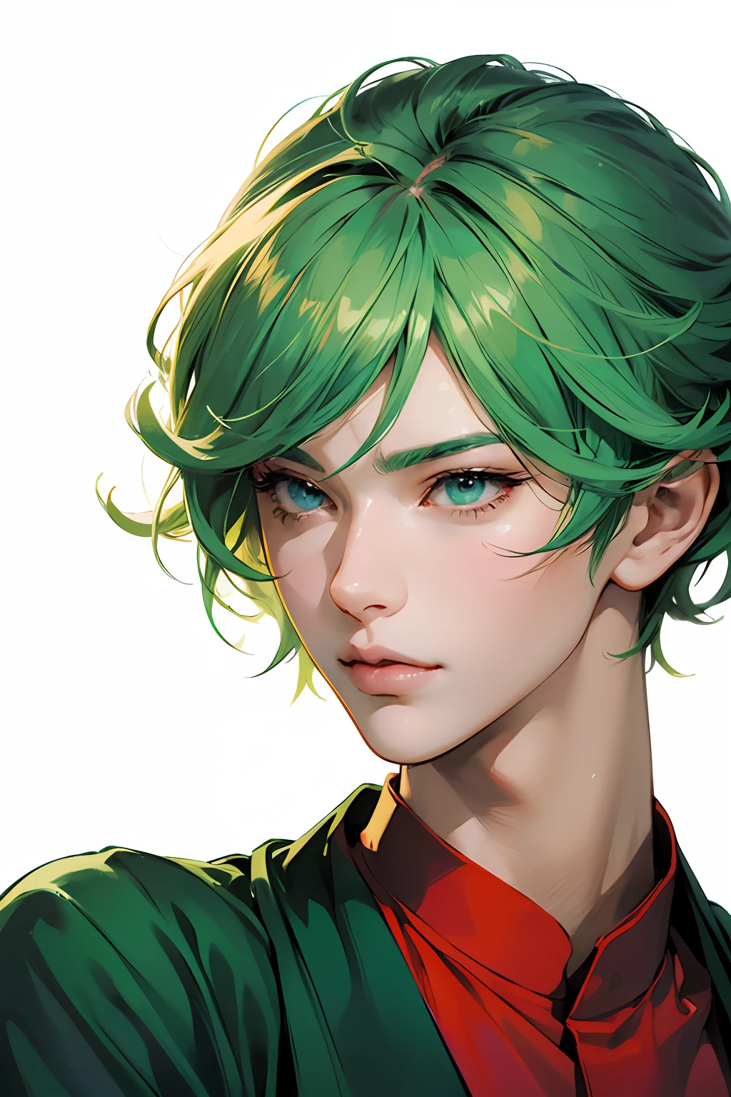 anime boy with green hair and blue eyes wearing a red shirt, stunning anime face portrait, detailed anime character art, high detailed face anime, anime character portrait, made with anime painter studio, tatsumaki from one punch man, high quality portrait, anime style portrait, extremely detailed artgerm, realistic anime art style, realistic anime artstyle, (ultra realistic and sharp detail and intricate, intricate details, and style, simple background illustration, flat white background)