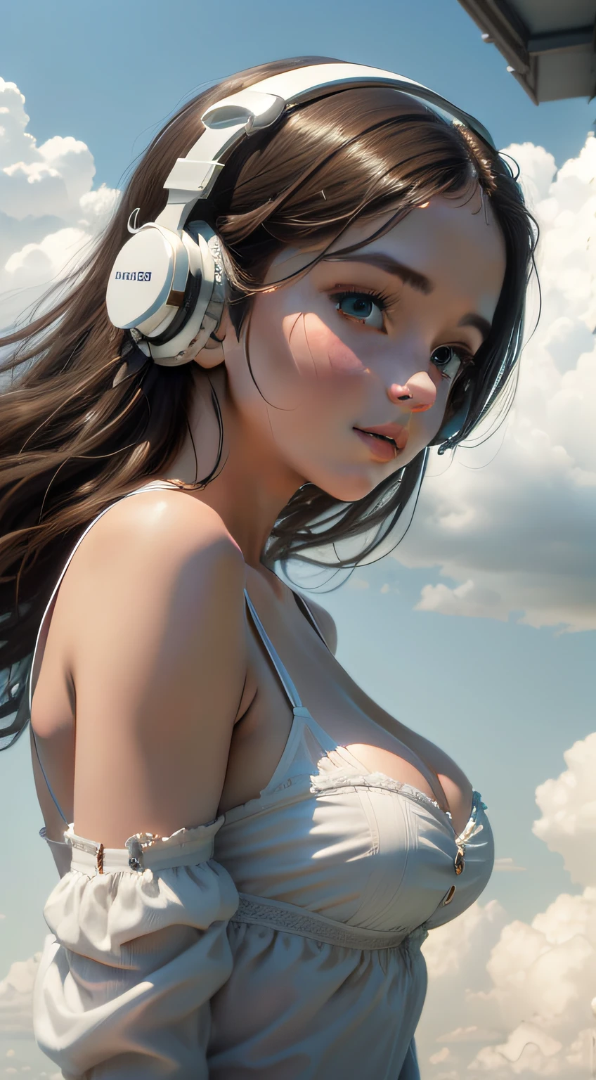 tmasterpiece，best qualtiy，cinematic Film still from，1girl，Floating in the sky，Cloud Girl，Wear white headphones，​​clouds，（closeup cleavage：1.1），brightly，cheerfulness，intriguing，gentlesoftlighting，（bauhause，shape，lineworks，abstracted：1.1）