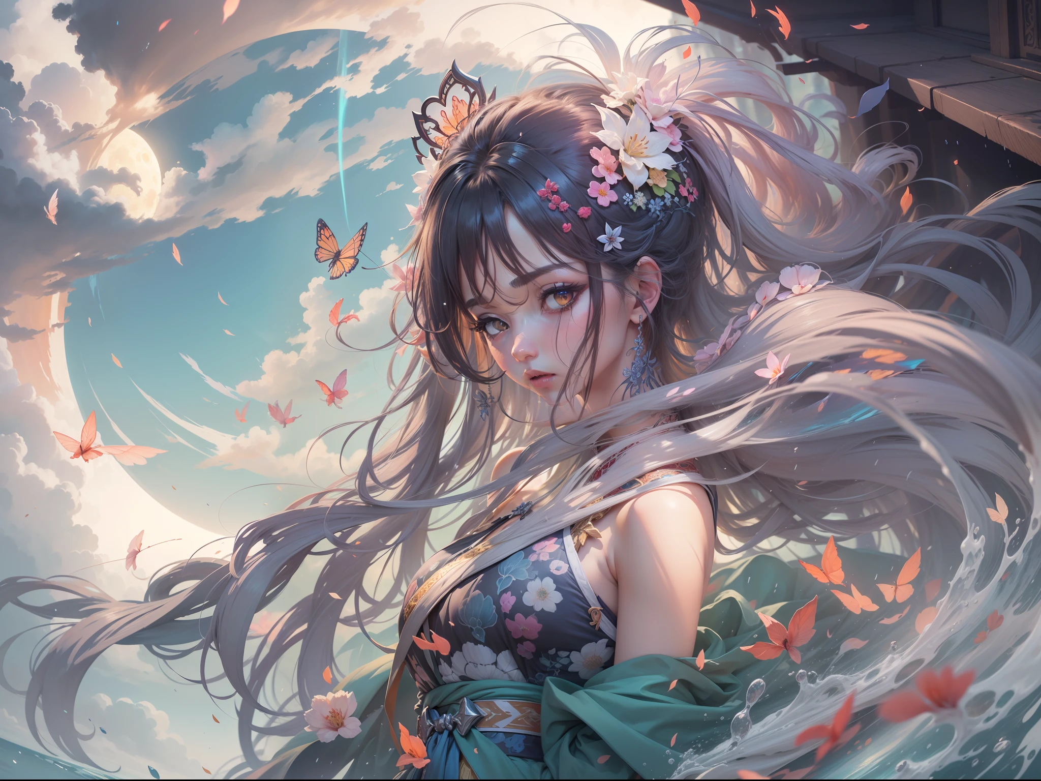 (8k, RAW photo:1.2),best quality, ultra high res,dramatic angle,(fluttered detailed color splashs), (illustration),(((1 girl))),(long hair),(rain:0.9),(hair ornament:1.4),there is an ancient palace beside the girl,chinese clothes,(focus on), color Ink wash painting,(color splashing),colorful splashing,(((colorful))),(sketch:0.8), Masterpiece,best quality, beautifully painted,highly detailed,(denoising:0.6),[splash ink],((ink refraction)), (beautiful detailed sky),moon,highly,detaild,(masterpiece, best quality, extremely detailed CG unity 8k wallpaper,masterpiece, best quality, ultra-detailed),(Lycoris radiata),