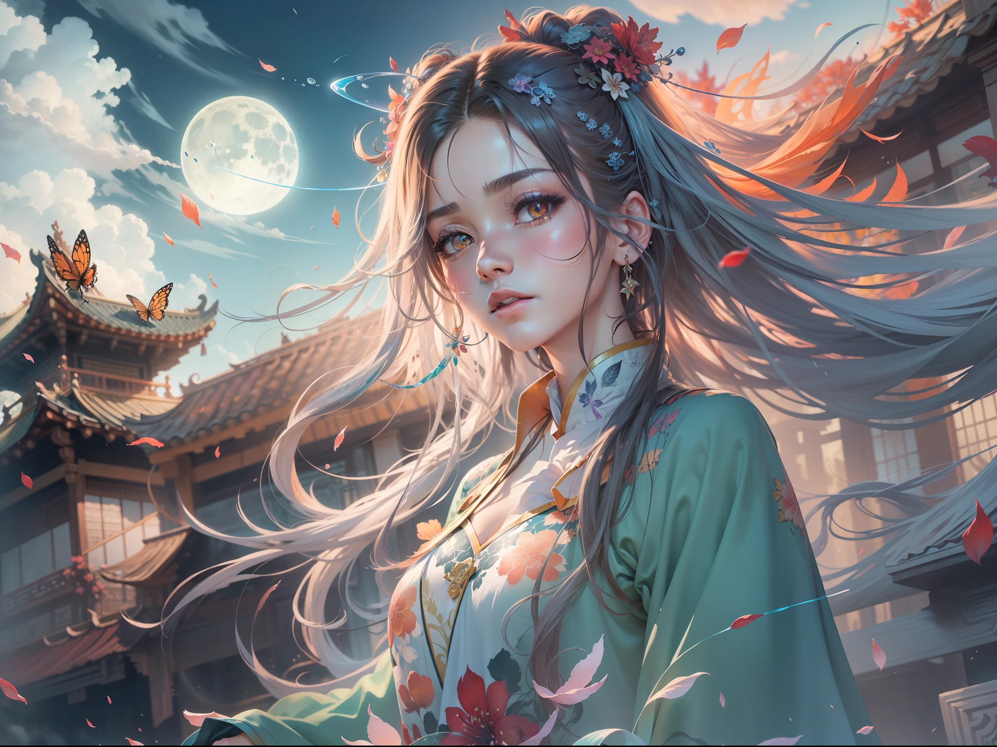 (8k, RAW photo:1.2),best quality, ultra high res,dramatic angle,(fluttered detailed color splashs), (illustration),(((1 girl))),(long hair),(rain:0.9),(hair ornament:1.4),there is an ancient palace beside the girl,chinese clothes,(focus on), color Ink wash painting,(color splashing),colorful splashing,(((colorful))),(sketch:0.8), Masterpiece,best quality, beautifully painted,highly detailed,(denoising:0.6),[splash ink],((ink refraction)), (beautiful detailed sky),moon,highly,detaild,(masterpiece, best quality, extremely detailed CG unity 8k wallpaper,masterpiece, best quality, ultra-detailed),(Lycoris radiata),