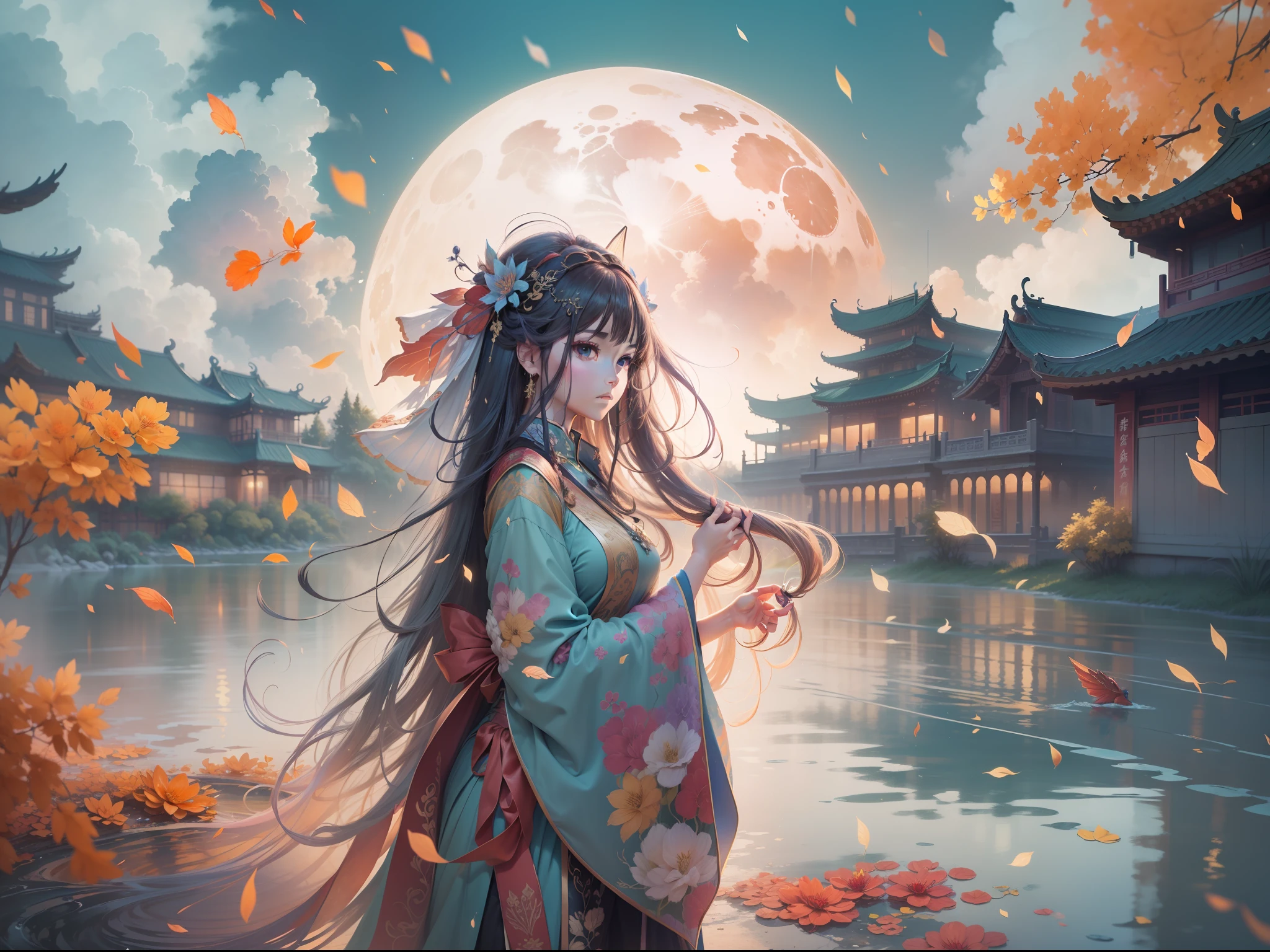 (8k, RAW photo:1.2),best quality, ultra high res,dramatic angle,(fluttered detailed color splashs), (illustration),(((1 girl))),(long hair),(rain:0.9),(hair ornament:1.4),there is an ancient palace beside the girl,chinese clothes,(focus on), color Ink wash painting,(color splashing),colorful splashing,(((colorful))),(sketch:0.8), Masterpiece,best quality, beautifully painted,highly detailed,(denoising:0.6),[splash ink],((ink refraction)), (beautiful detailed sky),moon,highly,detaild,(masterpiece, best quality, extremely detailed CG unity 8k wallpaper,masterpiece, best quality, ultra-detailed),(Lycoris radiata),