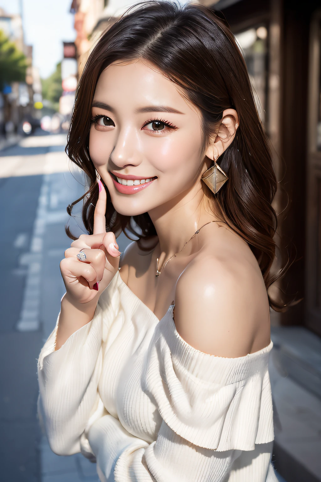 (masterpiece:1.3), high resolution, ultra detailed, extremely detailed CG unity 8k wallpaper, realistic, photo-realistic, RAW photo, beautiful detailed face, pale skin, realistic glistening skin, detailed cloth texture, detailed hair texture, Perfect Style, Beautiful Face, accurate, Anatomically correct, Highly detailed face and skin texture, natural neck length, (thin and beautiful fingers), 
BREAK, 
Detailed eyes, symmetric eyes, Brown eyes, Double eyelids, Thin eyebrows, (Glossy lips:1.4), (grin:1.2), (blush)
BREAK, 
((Innocent and Cute girl:1.3)), ((wearing a off-shoulder White blouse:1.4)), (beautiful clavicle), (Gold strings belt), (skinny pants:1.2), (cross strap high heels:1.2), 
(necklace, bracelet), (clutch bag over shoulder:1.2), (Thin hoop earrings), (pinky ring), (beautiful blue nails), 
BREAK, 
Layered Hairstyle, (brown hair:1.2), (wavy hair:1.2), medium long hair, 
(large breasts, firm breast, nicely shaped breasts:1.1), 
BREAK, 
((Standing with bring her finger on her lips:1.3)), (in wide seaside street), (looking at viewer:1.2)
BREAK, 
(Cowboy shot:1.2), (Focus on face:1.2), (from side:1.1),