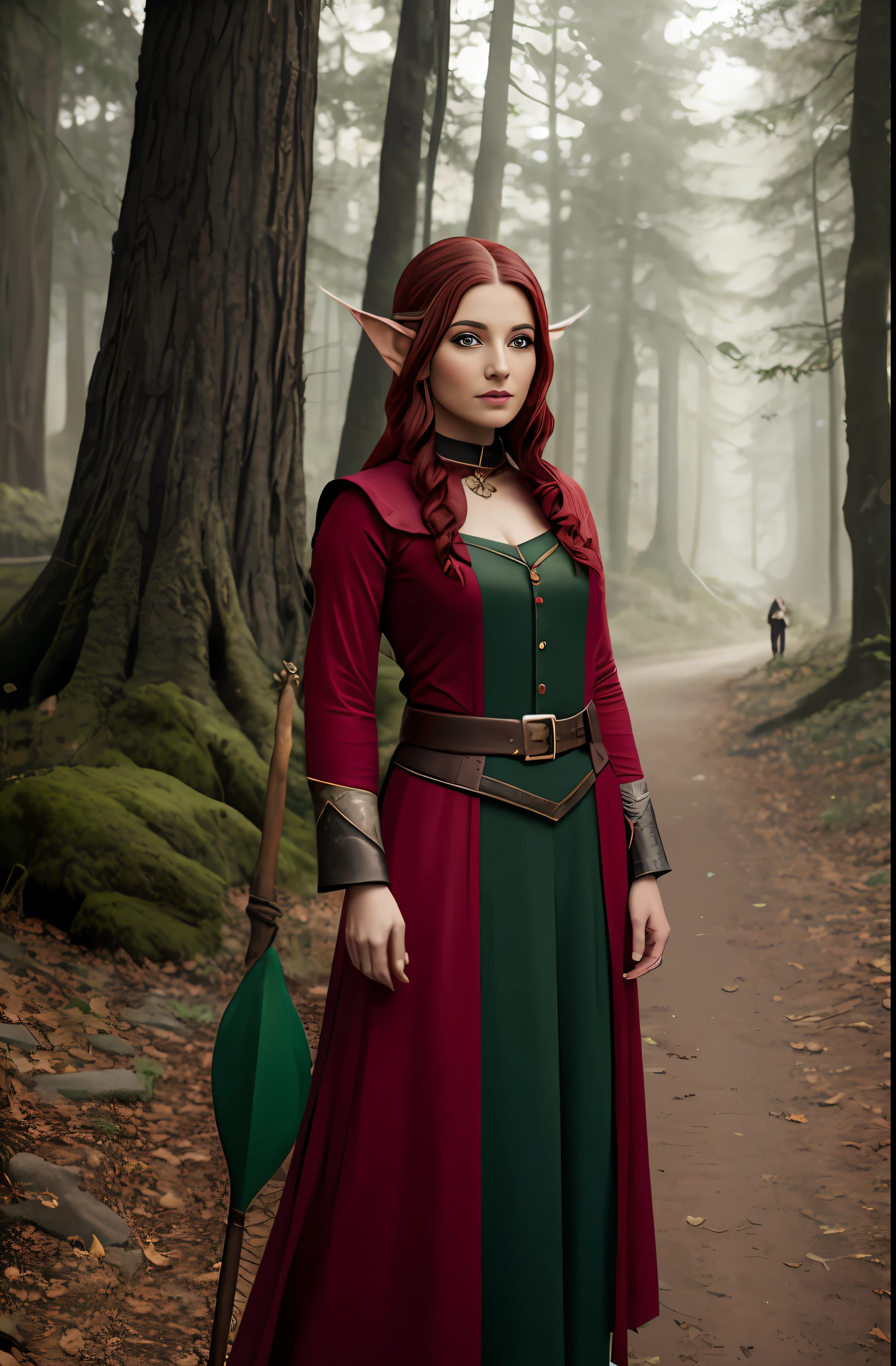 On the road stood a woman dressed in red。，（Take the staff）（（ portrait of an elf,）） fantasy character photo,Portrait of a slim elven woman, Middle-aged elves, Portrait of Lynn, Female elf, character photography, portrait of an elf, portrait of a forest mage, inspired by the senior character artist, A female elf, The wood elves, matte painting portrait shot