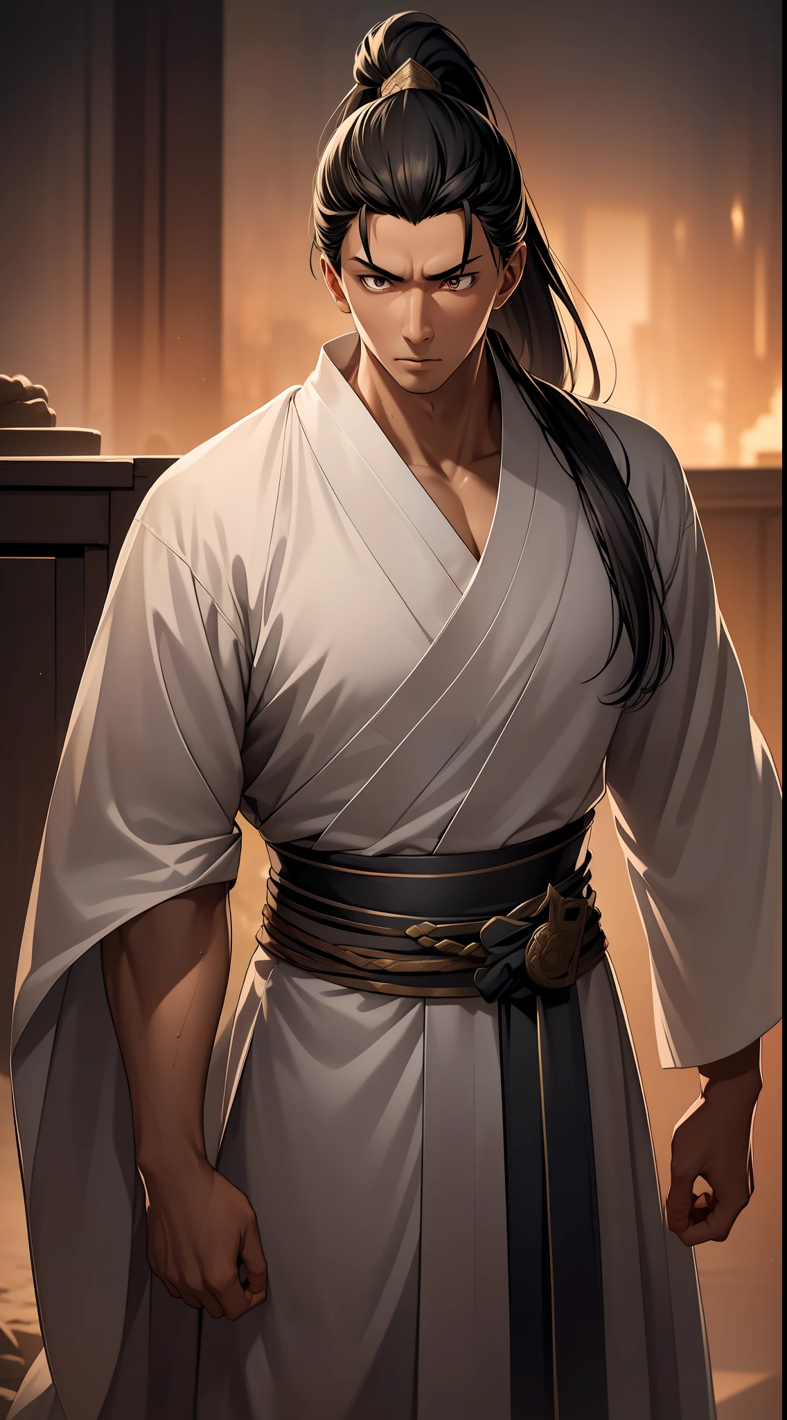 quadratic element,style of anime,mtu(Male Warrior),The proportions are correct,Face details,swordsmen,High ponytail hairstyle,Neck details,There is an Adam's apple,Black Hanfu,kaftan,black toga,clothes details,Handing over,longer sleeves,Game quality,Swordsmanship,Light and shadow tracking,Ray traching,detailed glow,cg render,hair detail,cabelos preto e longos,Black ㇏ eyes,Handsome,Handsome,(juvenile sense),Clothing is complicated,Perfectcomposition,Refinement,high qulity,higher details,Lots of details,The background is complex,a sense of atmosphere,