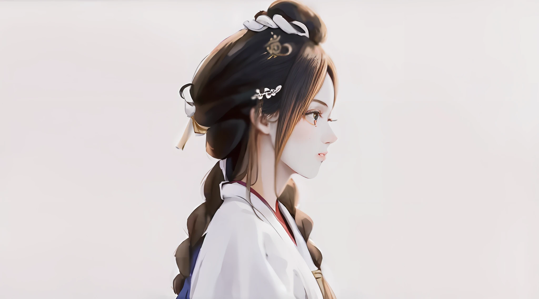 A woman with long braided hair and a white shirt，In the royal palace，A girl in Hanfu，Hanfu，White Hanfu，traditional female hairstyles，Wearing ancient Chinese clothes，braid hairstyle。