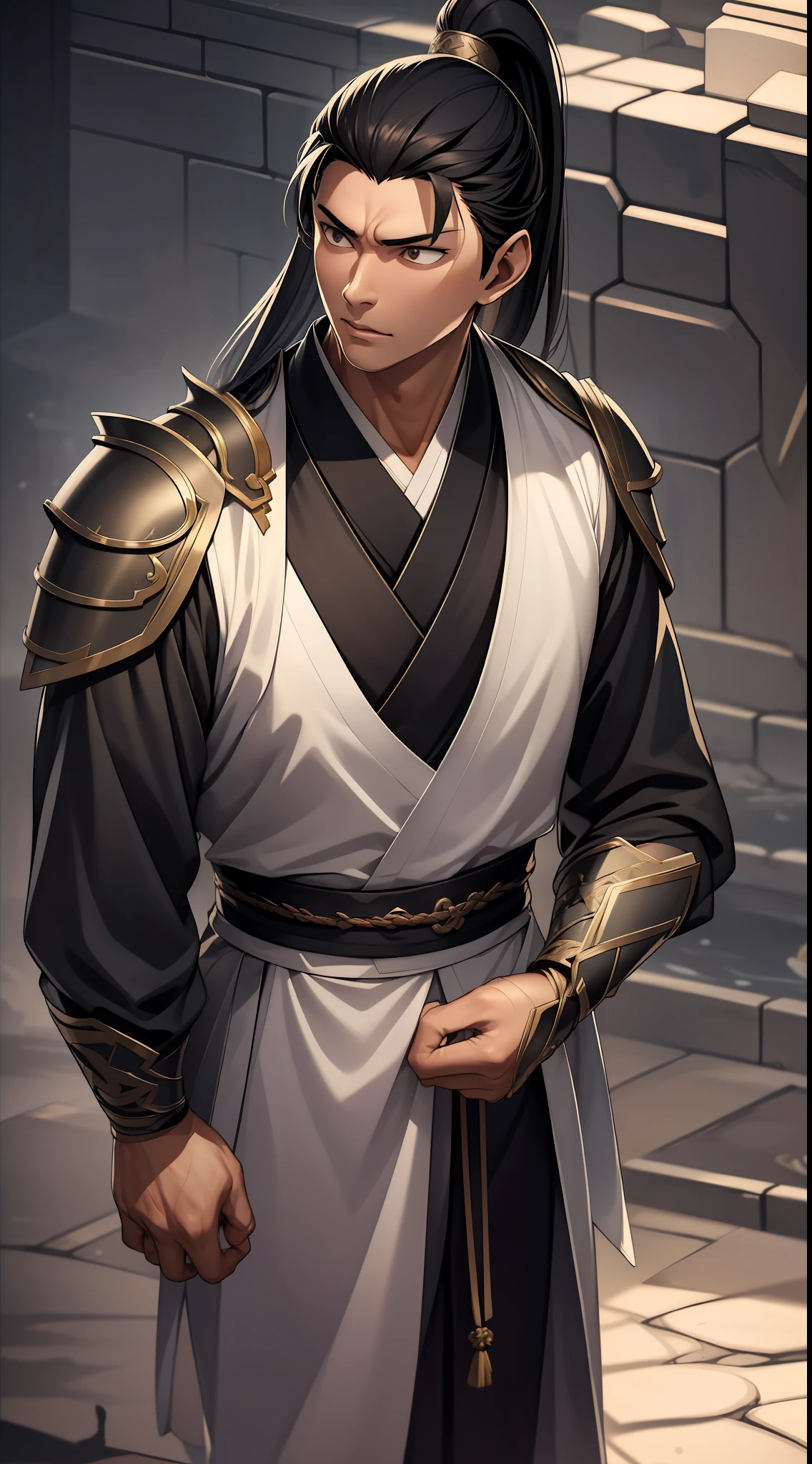 quadratic element,style of anime,mtu(Male Warrior),The proportions are correct,Face details,swordsmen,High ponytail hairstyle,Neck details,There is an Adam's apple,Black Hanfu,kaftan,black toga,clothes details,Handing over,longer sleeves,Game quality,Swordsmanship,Light and shadow tracking,Ray traching,detailed glow,cg render,hair detail,cabelos preto e longos,Black ㇏ eyes,Handsome,Handsome,(juvenile sense),Clothing is complicated,Perfectcomposition,Refinement,high qulity,higher details,Lots of details,The background is complex,a sense of atmosphere,
