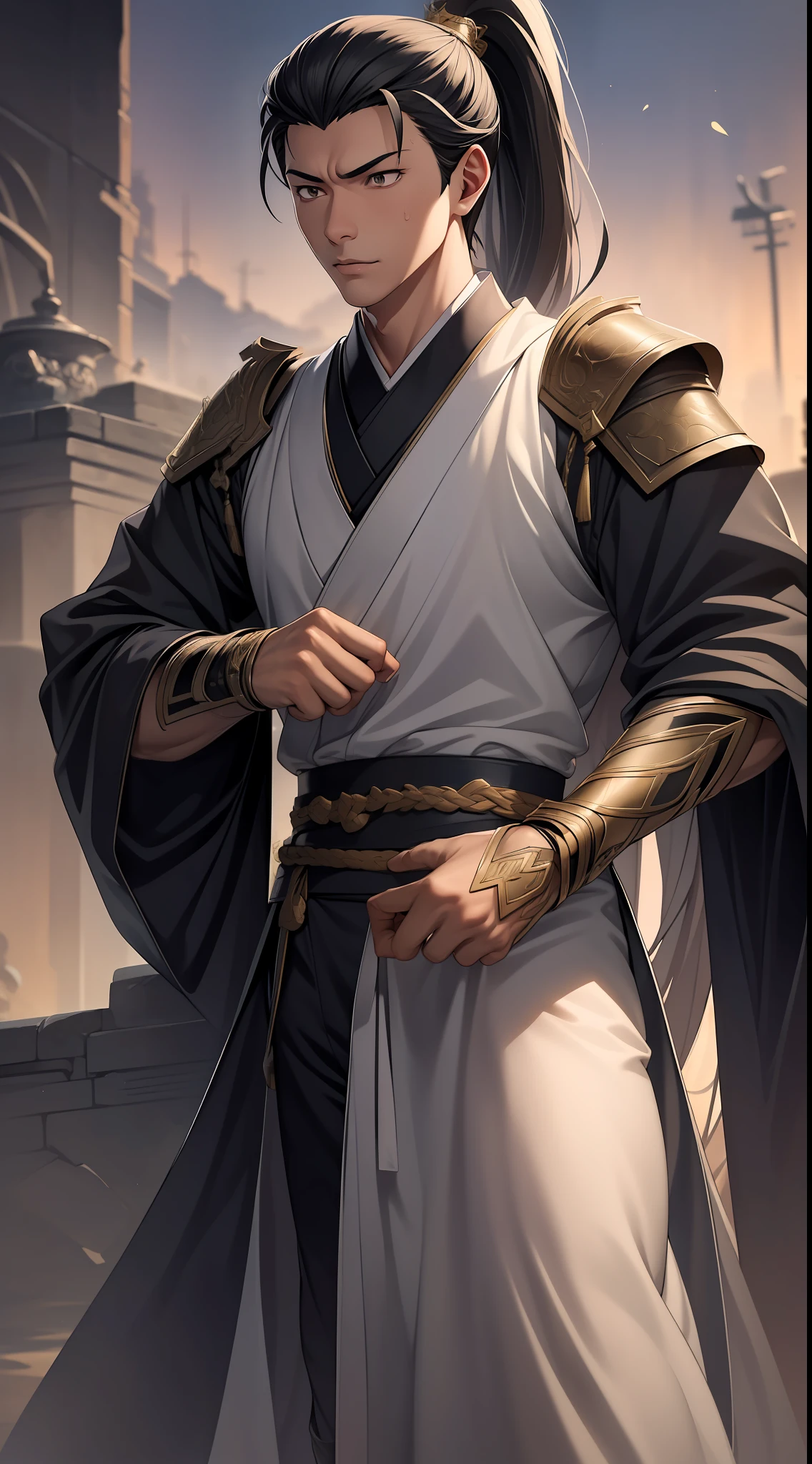 quadratic element,style of anime,mtu(Male Warrior),The proportions are correct,Face details,swordsmen,High ponytail hairstyle,Neck details,There is an Adam's apple,Black Hanfu,kaftan,black toga,clothes details,Handing over,longer sleeves,Game quality,Swordsmanship,Light and shadow tracking,Ray traching,detailed glow,cg render,hair detail,cabelos preto e longos,Black ㇏ eyes,Handsome,Handsome,(juvenile sense),Clothing is complicated,Perfectcomposition,Refinement,high qulity,higher details,Lots of details,The background is complex,a sense of atmosphere,