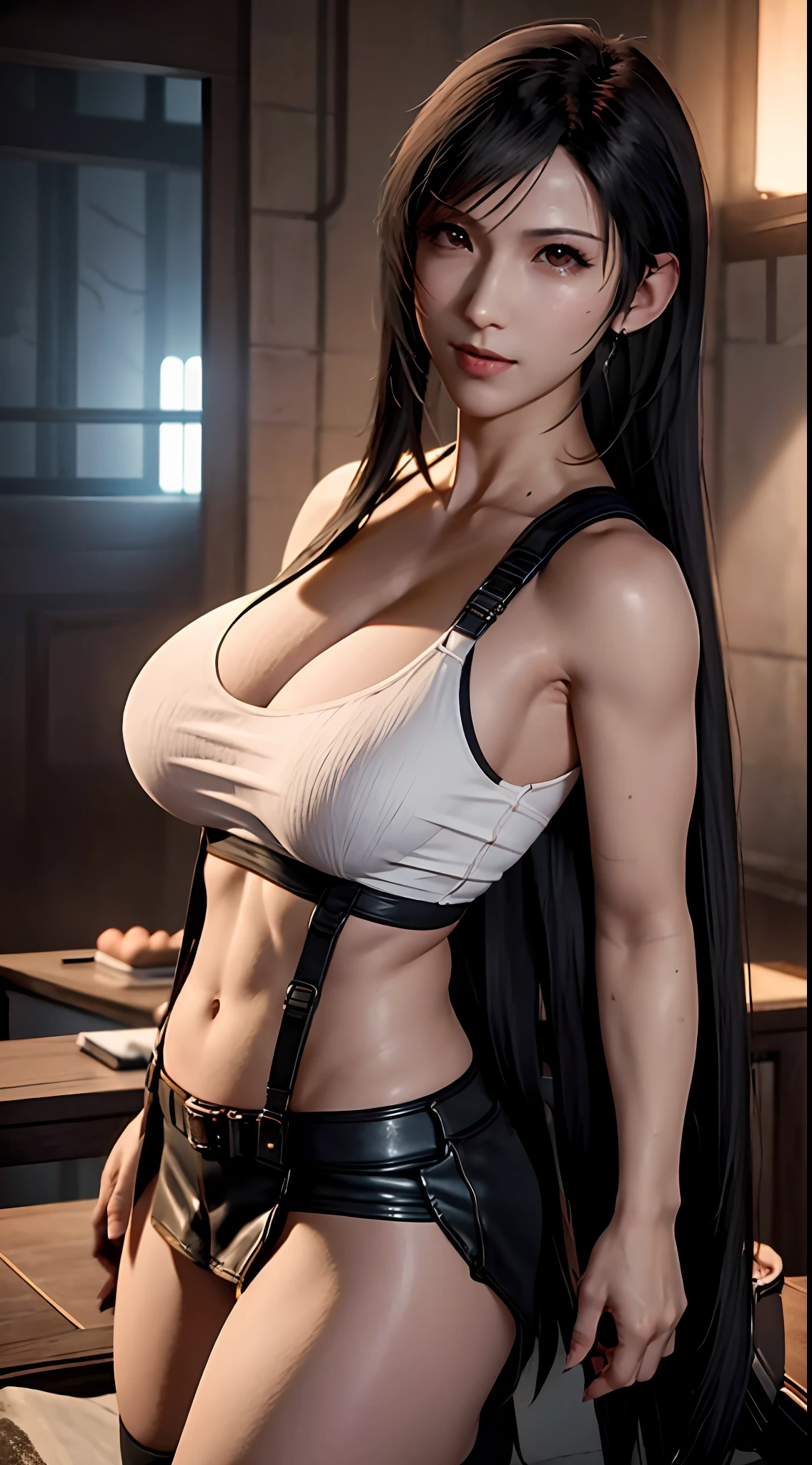 (tmasterpiece), (best qualtiy), 8K分辨率, ultra - detailed, photorealestic, photore, femele, Short black hair,Eight-pack abs,Expose abs,with a well-proportioned body,Toned arms,3DMM style,fully body photo,Body facing the camera,arms stretched wide,She has huge, Plump breasts,Final Fantasy VII: Tifa combat costume,Tiffalok Hart