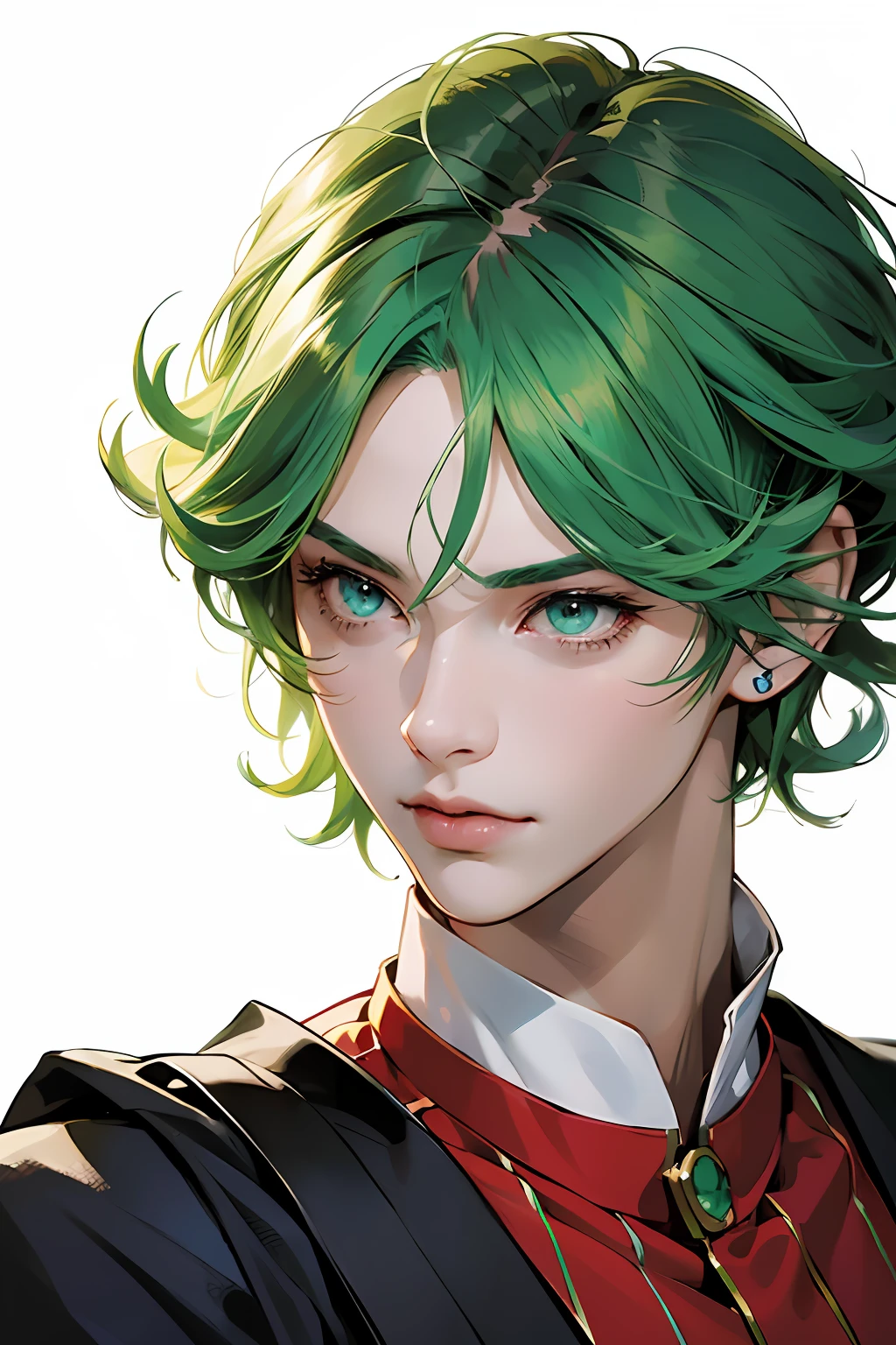 anime boy with green hair and blue eyes wearing a red shirt, stunning anime face portrait, detailed anime character art, high detailed face anime, anime character portrait, made with anime painter studio, tatsumaki from one punch man, high quality portrait, anime style portrait, extremely detailed artgerm, realistic anime art style, realistic anime artstyle, (ultra realistic and sharp detail and intricate, intricate details, and style, simple background illustration, flat white background)