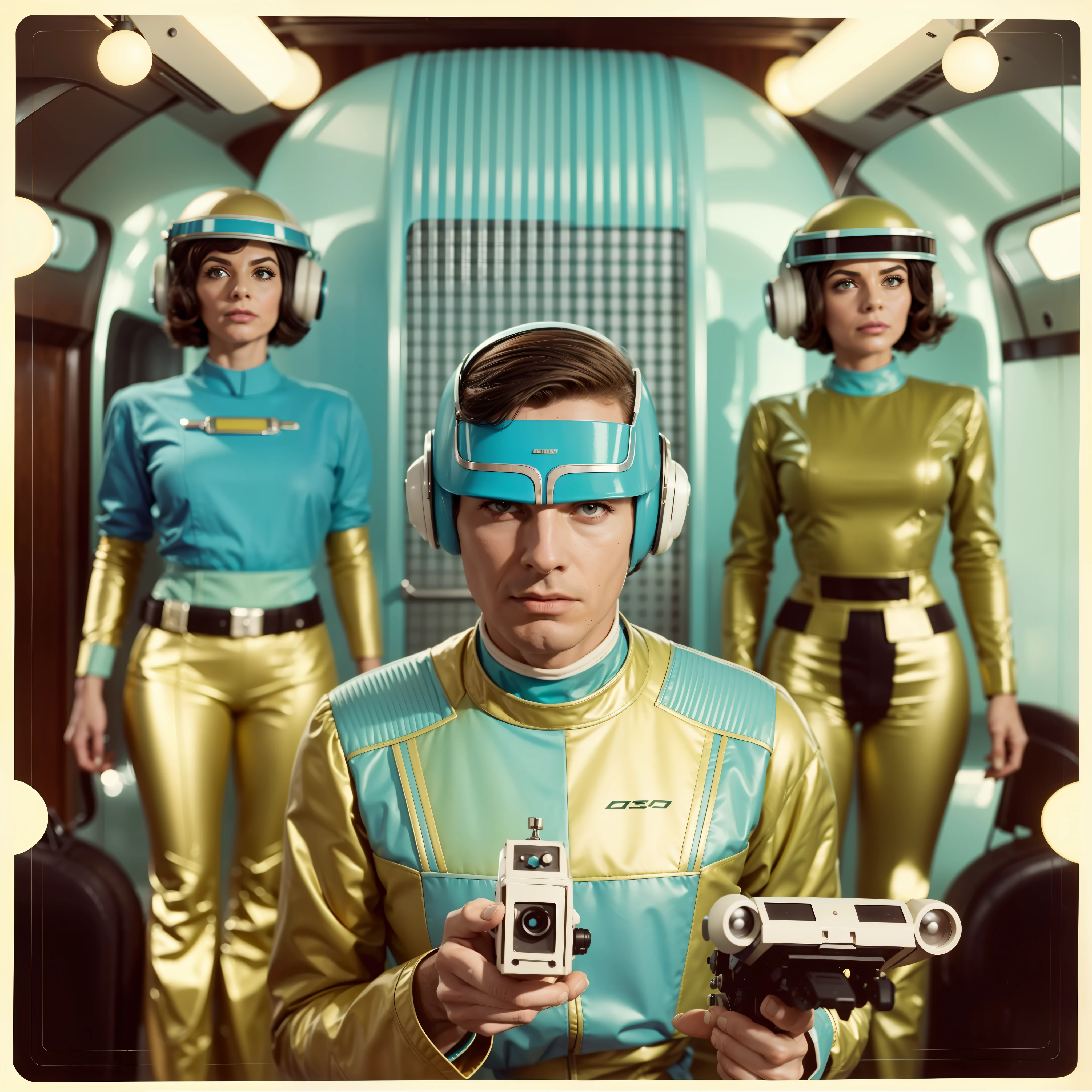 4k image from a 1960s science fiction film by Wes Anderson, Filme O Grande Hotel Budapeste, pastels colors, A man and two women in the background wearing retrofuturistic alien masks and holding colorful suitcases and chests on the bus, Retro-futuristic fashion clothes from the 60s with old robots, Luz Natural, Psicodelia, futurista estranho, retro-futurista, photo-realistic, Sharp background details.