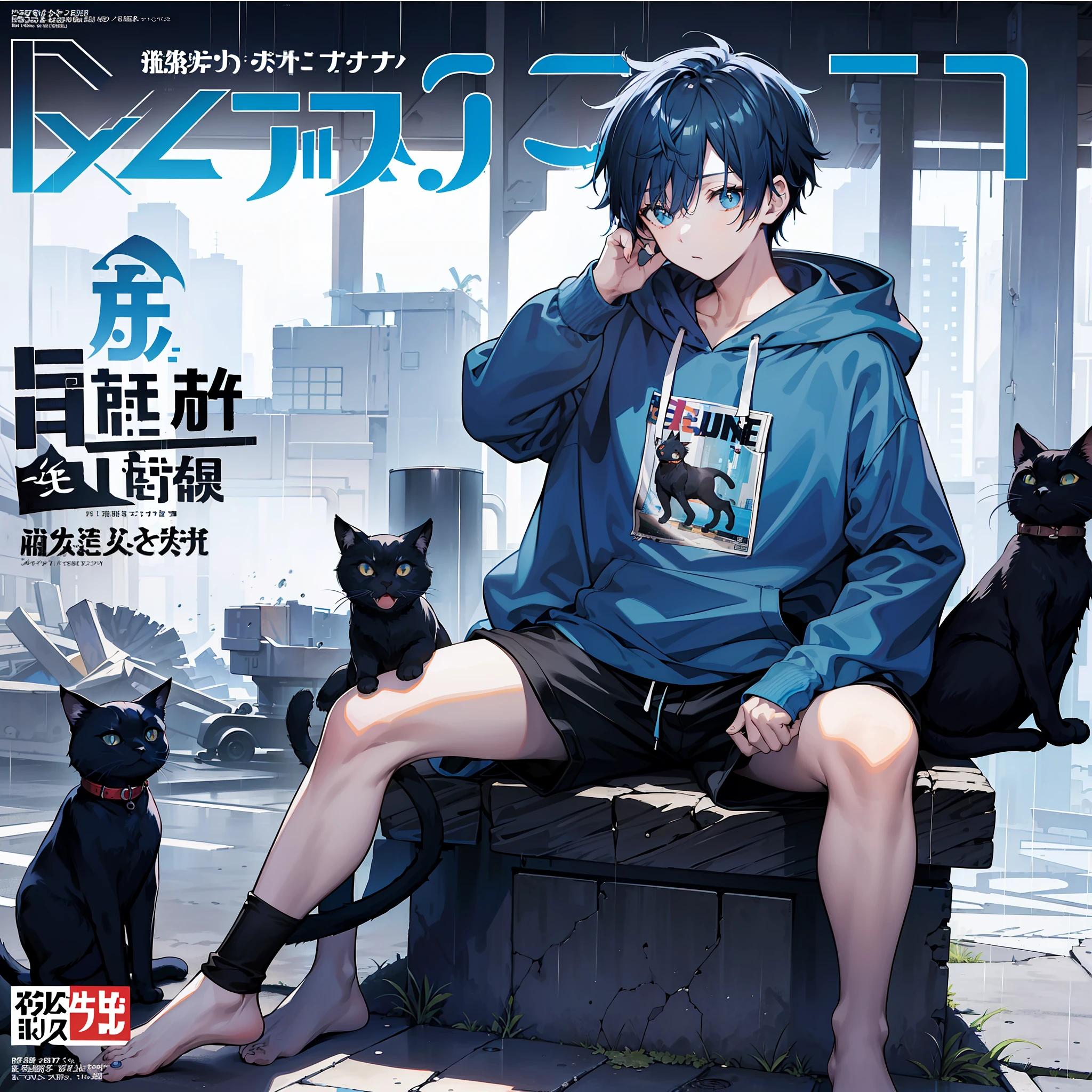 masterpiece, best quality, full body, (1boy), (blue hoodie), (Boy Messy Japanese Round Haircut for Thick Hair), (blue hair), (black shorts), (solo), (magazine:1.3), (cover-style:1.3), fashionable, rain, (One black cat nearby)