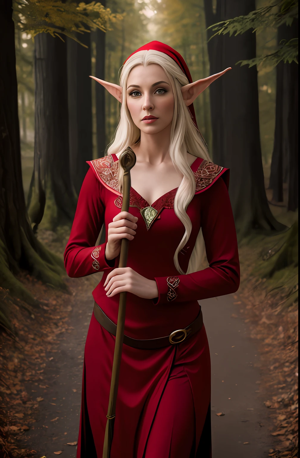 On the road stood a woman dressed in red,((Take the staff))( portrait of an elf,) fantasy character photo,Portrait of a slim elven woman, Portrait of Lynn, Female elf, character photography, portrait of an elf, portrait of a forest mage, inspired by the senior character artist, A female elf, The wood elves, matte painting portrait shot