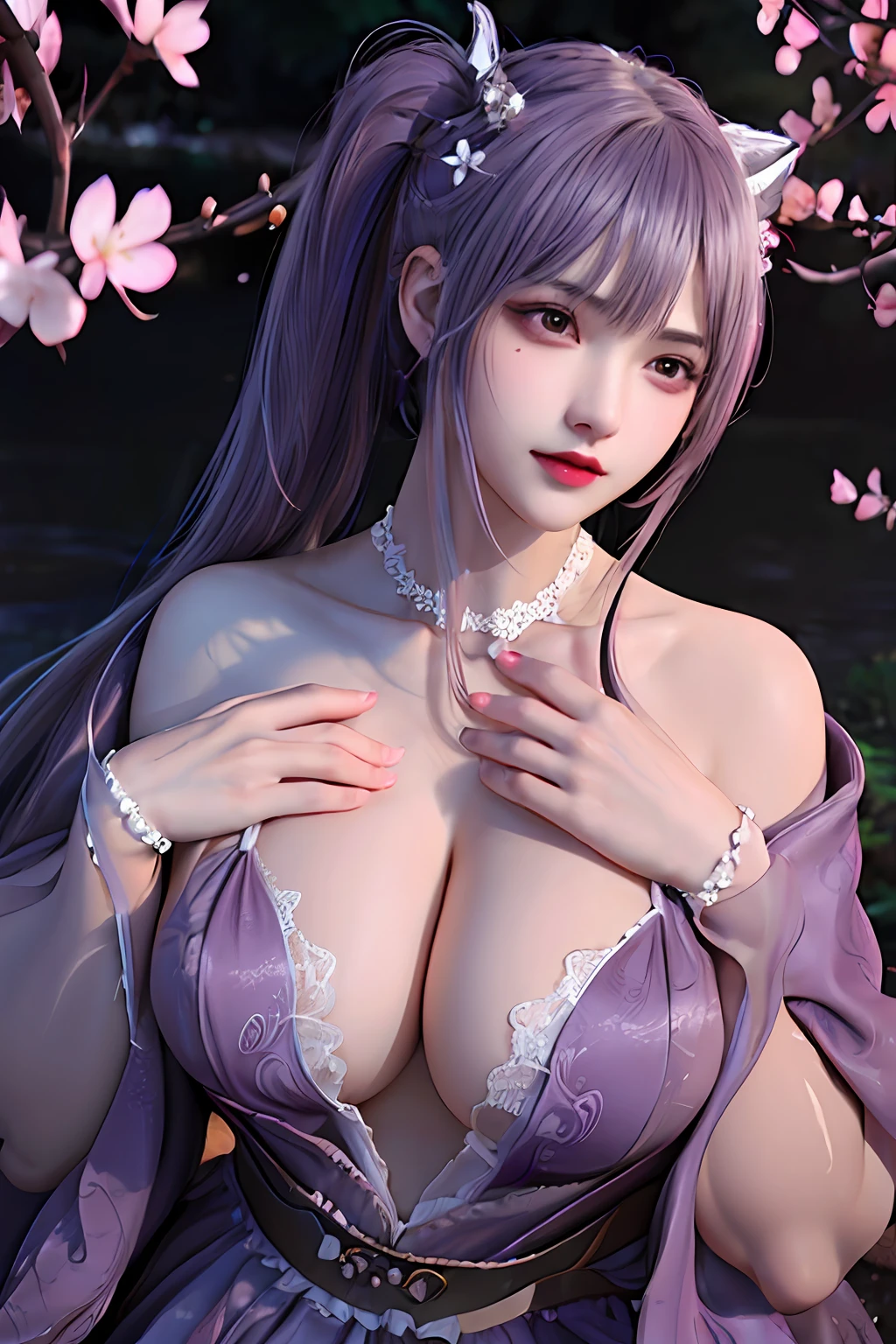 delicated best quality ,masterpiece, illustration, an extremely delicate and beautiful, extremely detailed ,CG ,unity ,8k wallpaper, Amazing, finely detail, masterpiece,best quality,official art,extremely detailed CG unity 8k wallpaper, absurdres, incredibly absurdres, huge filesize , ultra-detailed, highres, extremely detailed,beautiful detailed girl, extremely detailed eyes and face, beautiful detailed eyes, light on face,1girl, (Super realistic), ((( purple hair))) , (purple eyes), (Twin Tails), ((tied high on top of head)), ((jewelry)), (slave collar), (gem earrings), (bracelet), (((describe the arm in detail))), (((Super boobs))), ((sagging breasts)), ((huge breasts)), (milk cow's udder), (cleavage),(armpit), ((Plump body)), (Big breasts), ((Plump boobs)),, (detailed description of hair), ((upper body)), (Bare shoulder), ((collarbone)), (off shoulder), (Shiny skin), (detailed description of face), (Extremely detailed description of the eyes), (detailed description of body), (white and translucent skin), peerless beauty, (extreme beauty), (red lips), (shy ), (seductive smile), (view from all sides), ((prom dresses)), ((long sleeves)), ((wide sleeves)), (((sexy lace lingerie))), (((cherry blossom))), (falling petal), (cherry blossom lake, moonlight), the water surface is reflective, (any pose), (((soaked))), ((There is a lot of water on the body))