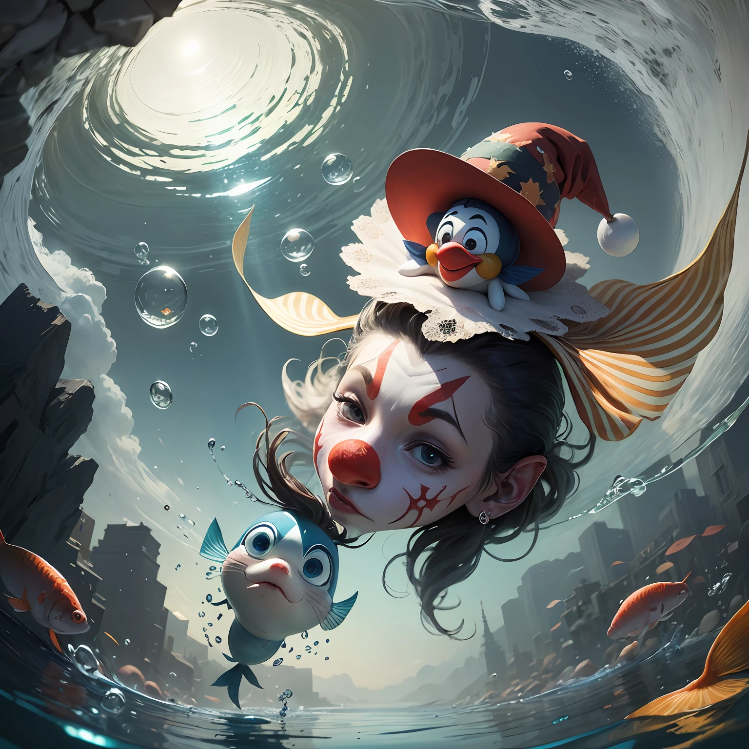 Arabian tale from the 1400s, Merry moving fish. On the head is a hat-cylinder. In a clown costume. Riding under water on a children's tricycle. Juggles with air bubbles. Full length closeup portrait in Disney Pixar style, super realistic, cinematic, lots of details, dark blur fantasy background --auto --s2