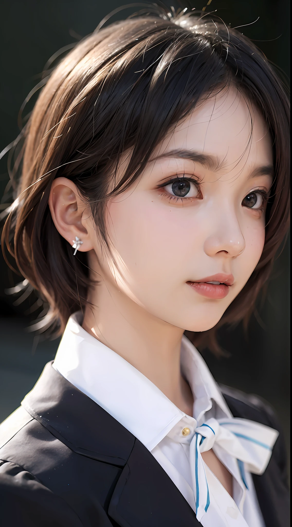 (top-quality、Photorealsitic、in 8K、hight resolution、)、 1 人、(((The upper part of the body、)))、(a small face、)a short bob、A dark-haired、Black eyes、(hi-school girl)、(Uniform with ribbon)、de pele branca、(Real Skin Textures 1.3)real looking skin、piercings、bbw、50mm Lens、30mm film、simple background、Gray background、