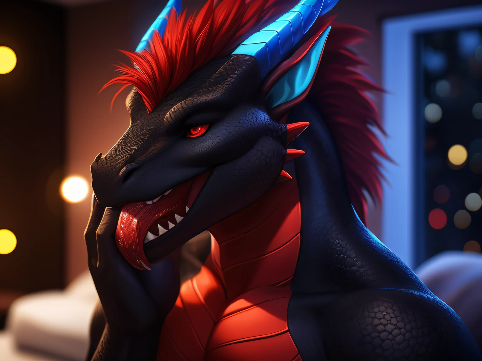 (Masterpiece, best quality, realistic:1), furry, male, mouth open vore - style sexy, hot hands, posing handsome, bedroom, night, expressive, male, (bokeh:1.3), depth of field,(Dragon:1), nice hands, perfect hands, seductive, black body, (red belly chest), only red hair, neon red eyes, blue horns, gay
