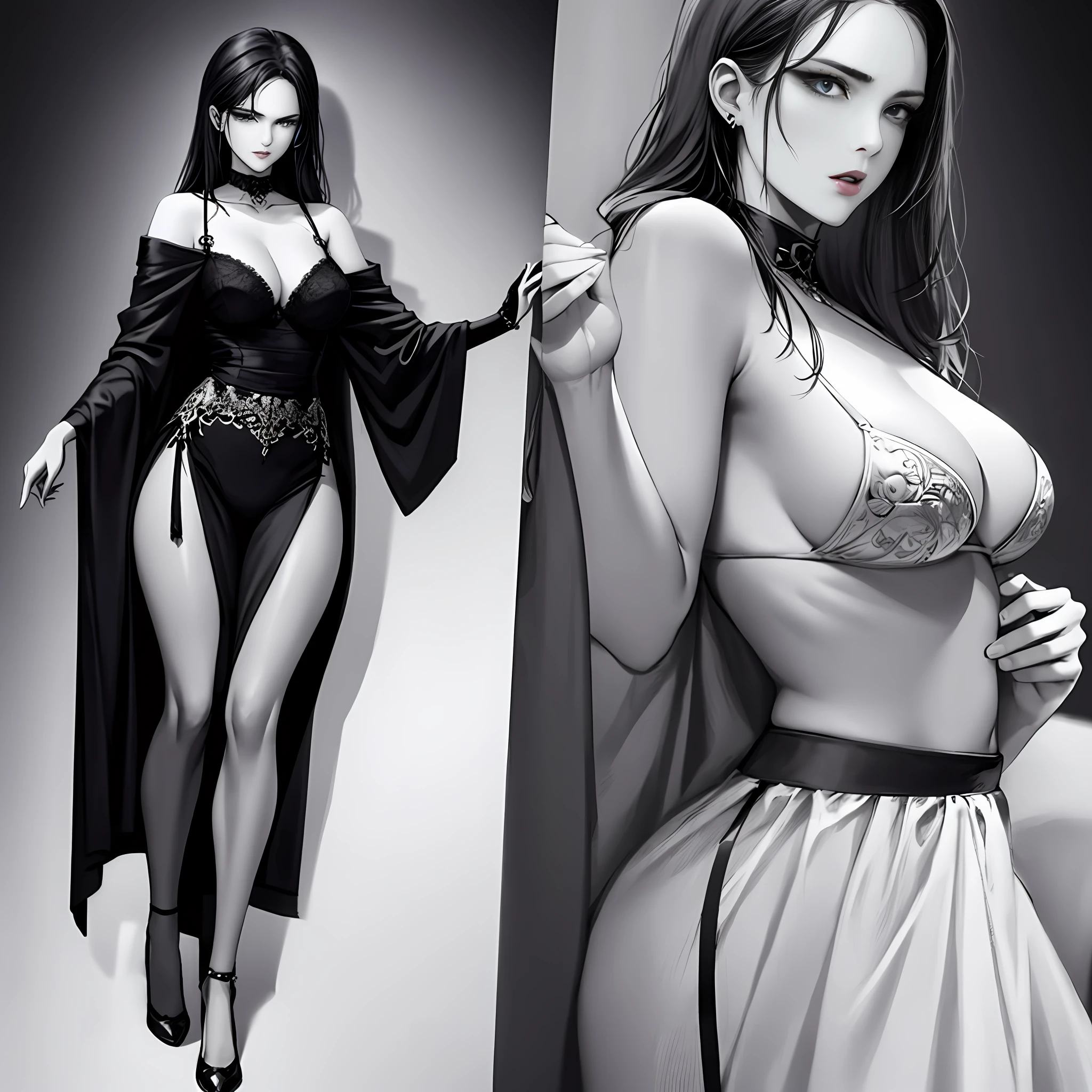 Illustration art，Whole body movement，Sexy woman dressed in black，Soprano Woman，Very cool facial expression，ornate backdrop，Great erotic art，The art of aesthetics，Sexy art，Detailed body part details，long leges，Inspired by J.c.Ryan Decker，Epic European and American illustrations