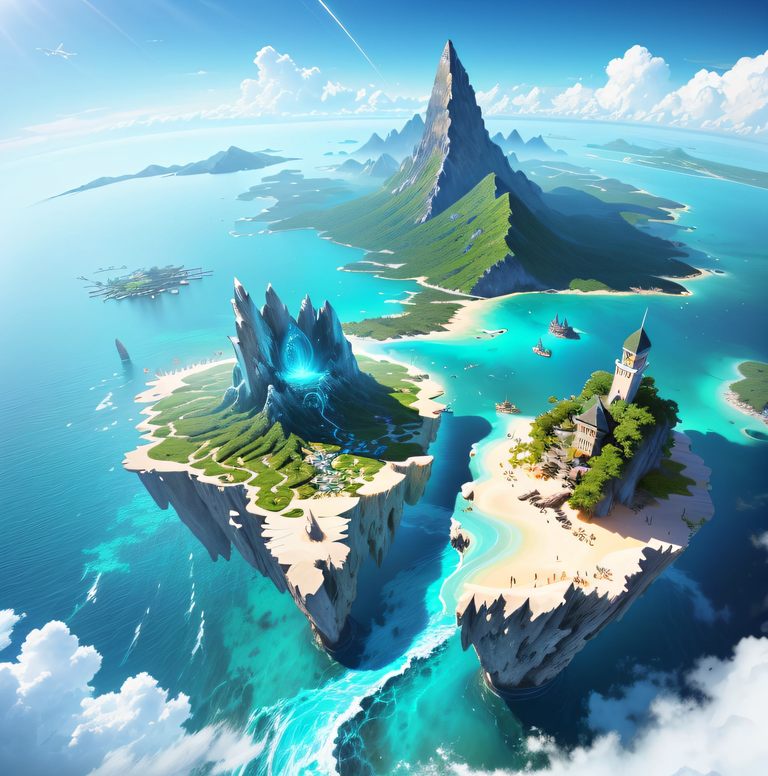 Image of a group of islands in the ocean,Multiple small islands,isometry,mistic,magia,fanciful,The background is a mountain, Island background, game key art, Official Splash Art, isometric 3d fantasy island, environmental key art, fantasy world concept, splash screen art, Official concept art, Stylized concept art, key art, concept world art, epic matte painting of an island, flying islands