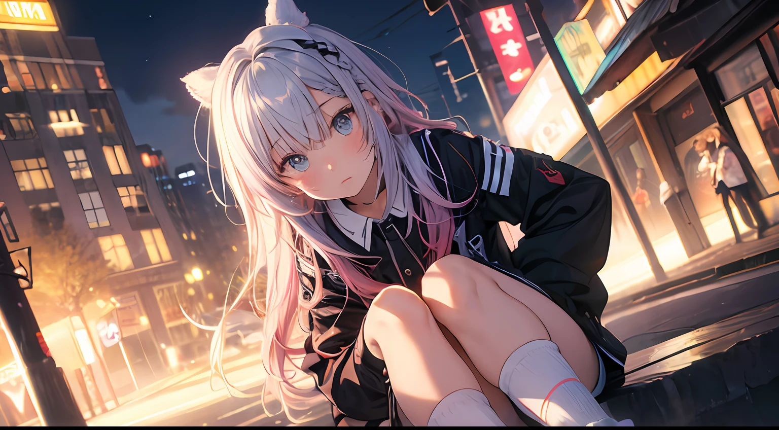 NY, (gradient hair, dutch angle:1.3), film grain, chromatic aberration, city, masterpiece, best quality, raw photo, photorealistic, absurdres, 1girl, cute, perspective, cowboy shot, highres, ultra detailed, detailed eyes and face, sharp pupils, realistic pupils, sharp focus, summer, night, detailed full figure, beautiful socks, Socks above the knees, met a friend, runaway from home