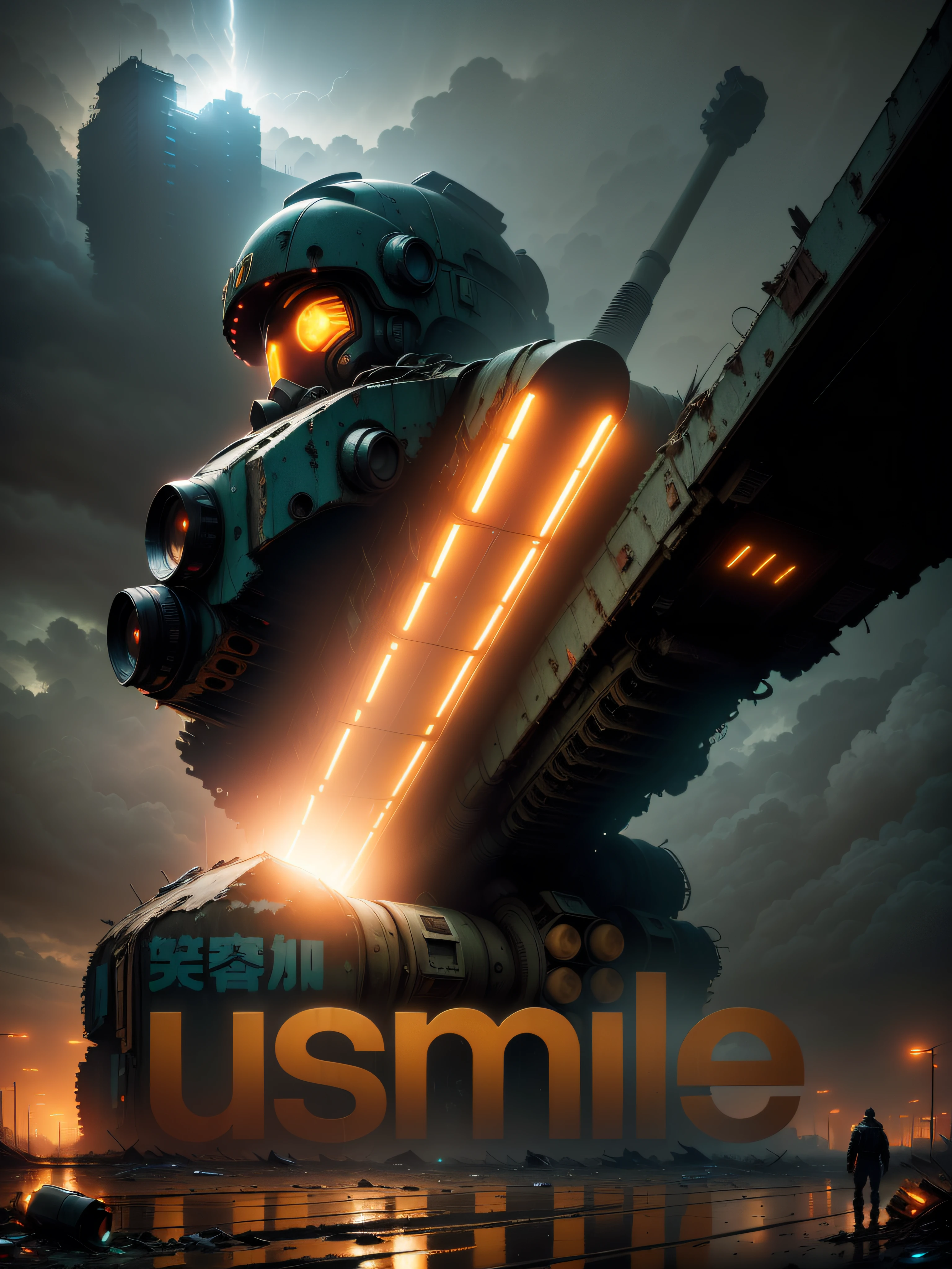 (wide view), wasteland, city ruins, (a man in front of ((huge mech wreckage)), dim light, streets, collapsed utility poles, scattered power lines, electric sparks, tattered future vehicles, garbage heaps, standing water in the big beach, rocks, dense weeds, dense dust smoke, ruined neon lights, heavy clouds, dusk, high quality, (super fine), (light detailed), detailed, accurate, 16k resolution, master works, (movie lights) , (cyberpunk style), dynamic perspective
