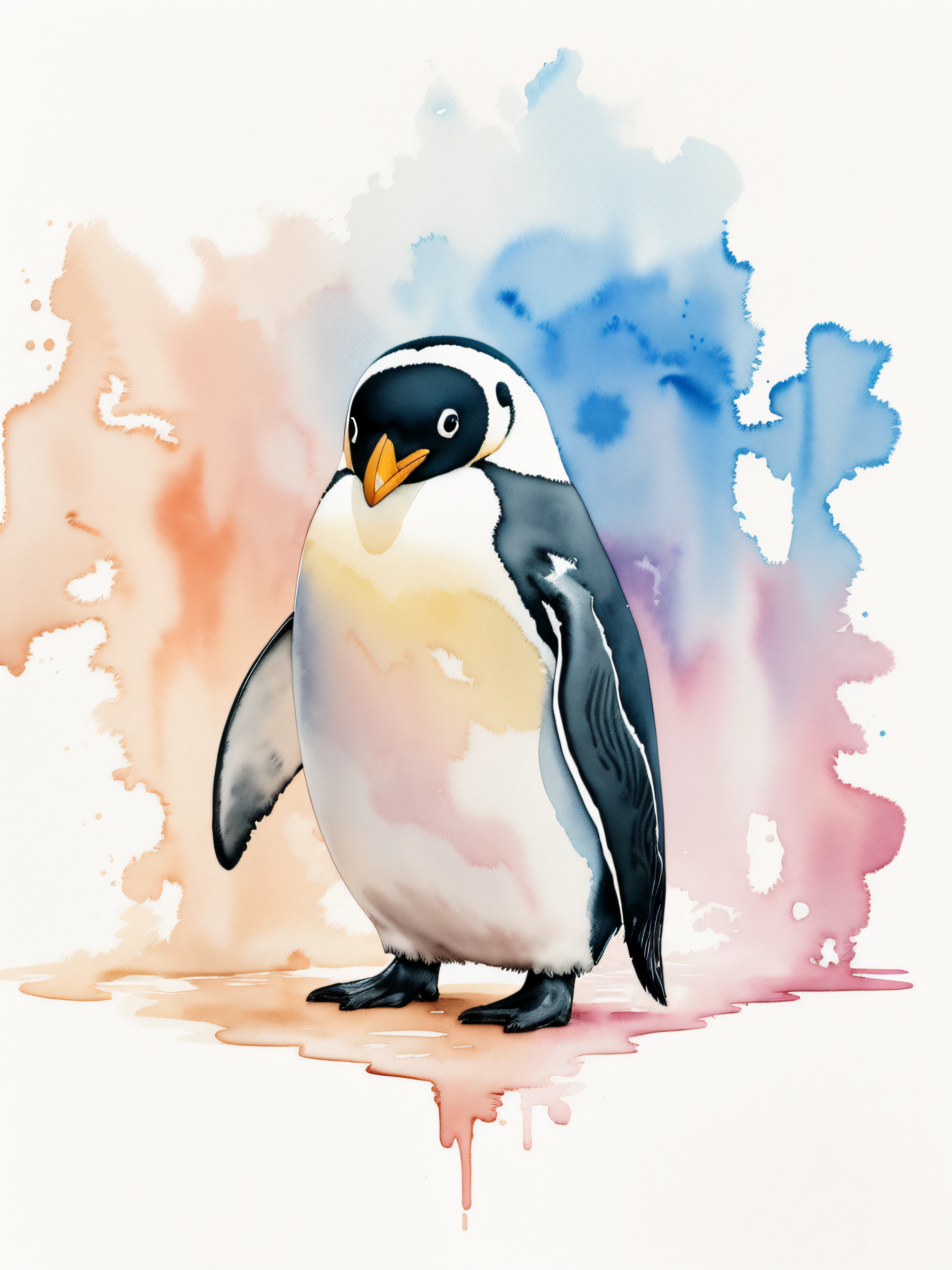 Watercolor penguin painting isolated on white background, watercolor paiting、Splash technique to reproduce wet conditions、Blurry atmosphere、Unique composition、Abstract representation、Contains elements of surrealism、Pale tones、Pale pink and gold color scheme、high resolution details、Ink splash effect、Pale colors。