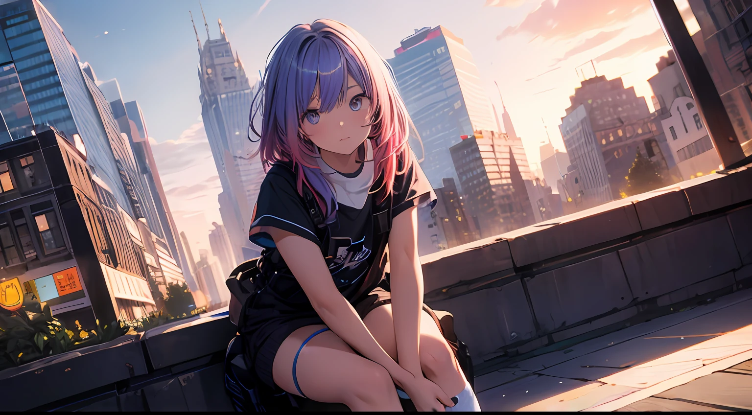 NY, (gradient hair, dutch angle:1.3), film grain, chromatic aberration, city, masterpiece, best quality, raw photo, photorealistic, absurdres, 1girl, cute, perspective, cowboy shot, highres, ultra detailed, detailed eyes and face, sharp pupils, realistic pupils, sharp focus, summer, night, detailed full figure, beautiful socks, Socks above the knees, met a friend, runaway from home