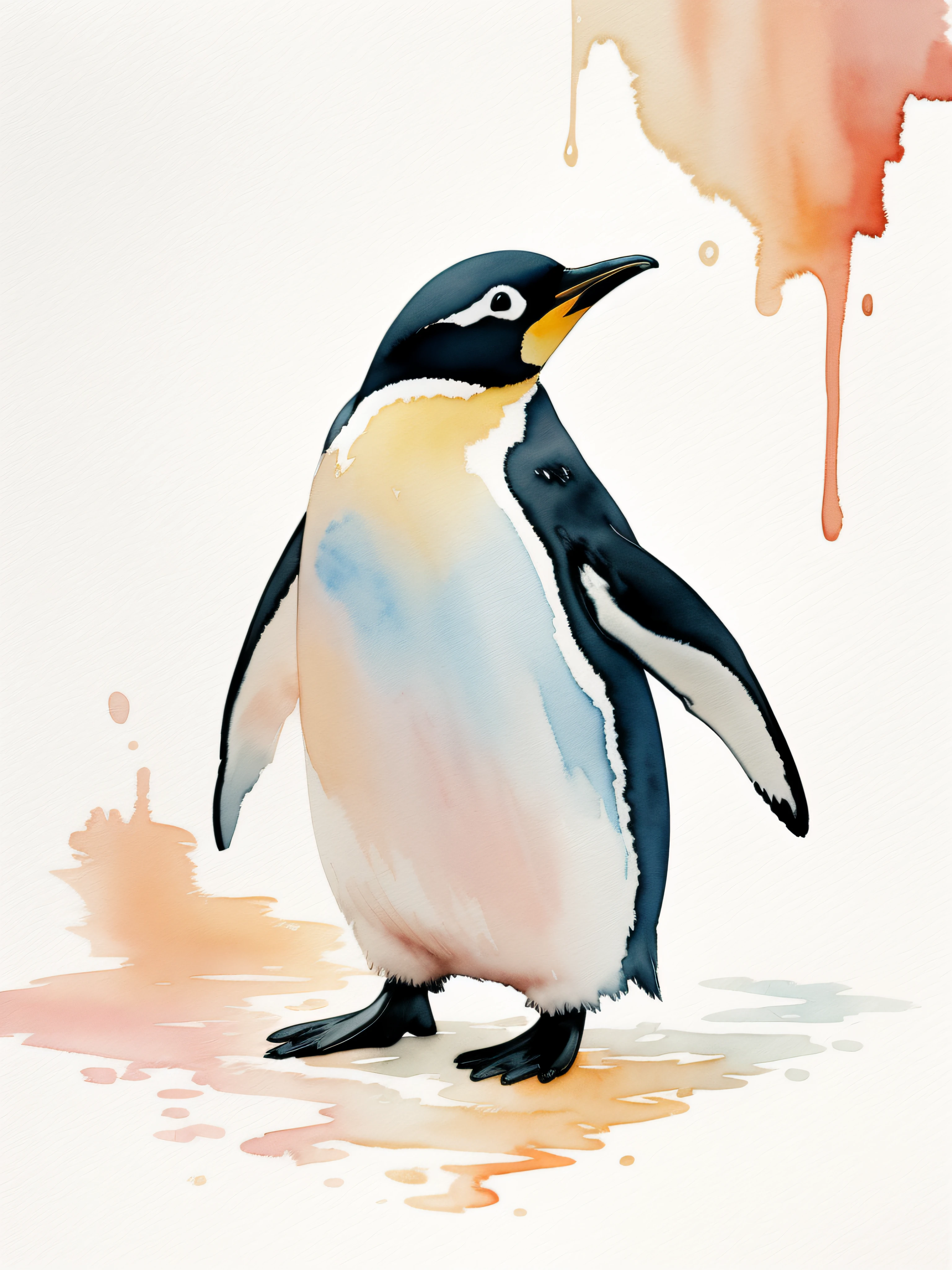 Watercolor penguin painting isolated on white background, watercolor paiting、Splash technique to reproduce wet conditions、Blurry atmosphere、Unique composition、Abstract representation、Contains elements of surrealism、Pale tones、Pale pink and gold color scheme、high resolution details、Ink splash effect、Pale colors。