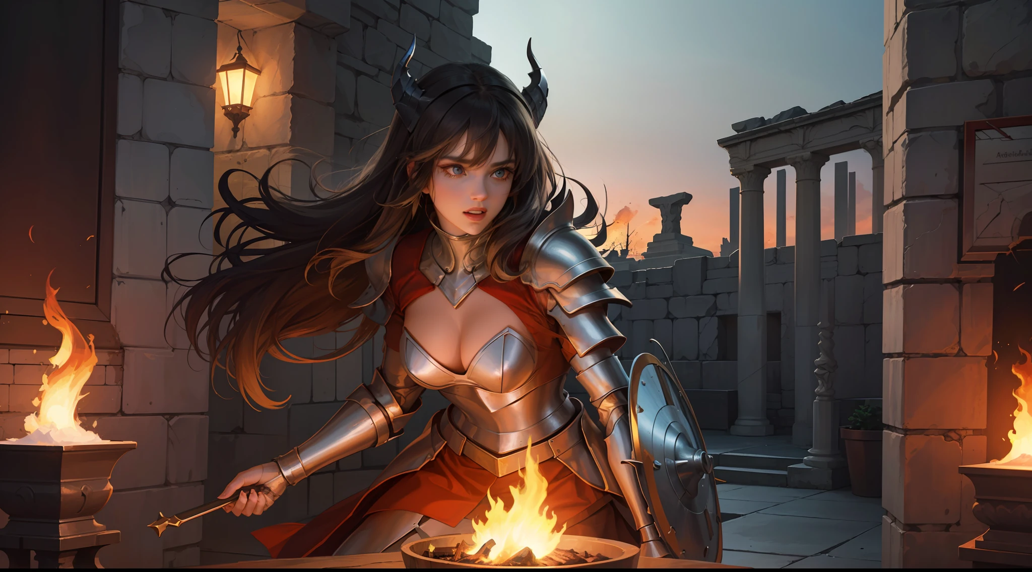 (Extremely detailed Cg Unity 8K wallpaper,Masterpiece, Best quality, Ultra-detailed, Beautiful detailed eyes:1.2),Best illumination, (Best shadow, An extremely delicate and beautiful, full bloom),
1girll,Solo,Large breasts，Heavy armor，complex patterns，Long hair,Holding a shield,Film filter, Hellfire,full bodyesbian,demon,Flame,Greek temple，dramatics，dynamicposes，illusory engine， (High detail: 1.9)