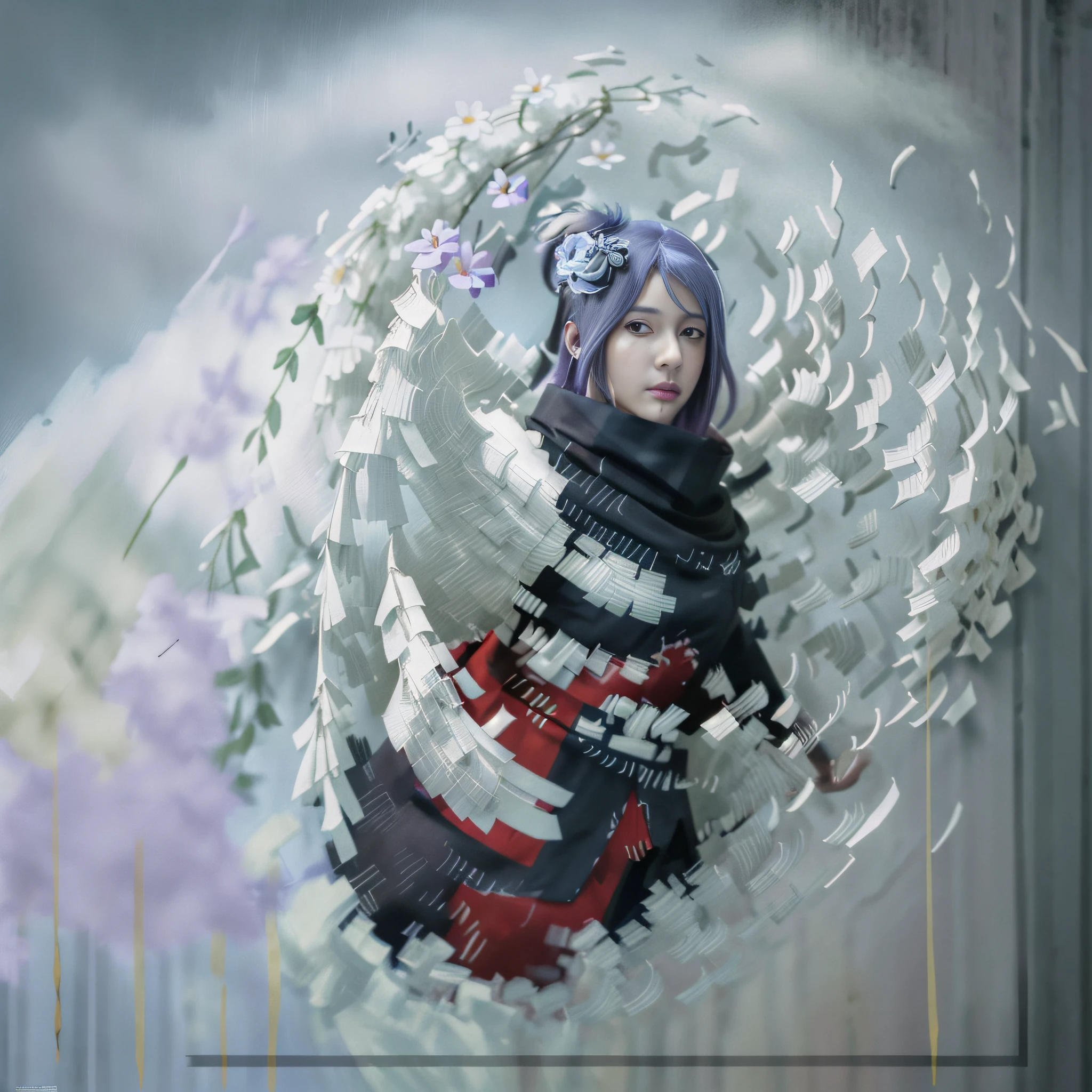 Best quality, 8k, 32k, Masterpiece, photo realistic, realistic, konan from naruto shippuden, konan akatsuki, beautiful woman with paper wings, purple hair, paper flowers in hair, professional cosplay, cosplay, (seductive poses), Sexy, beautiful white face shining, beautiful face, look at the camera, porcelain skin, intricate details, super detailed, super tall, supreme detail, high detail, delicate, excellent detail, fine detail, lighting cinematic, best quality, masterpiece, smooth and beautiful, CG , unity, 8k wallpaper, Stunning, fine detail, unity CG wallpaper 8k ultra detailed, large file size, highly detailed, high resolution, amazing detail, stunning detail, depth of field, oil painting effect in Rembrandt art style, concept portrait art in Stanley Artgerm Lau style, WLOP, trending on Artstation, epic, trending in society, detailed digital painting, very high quality models.
