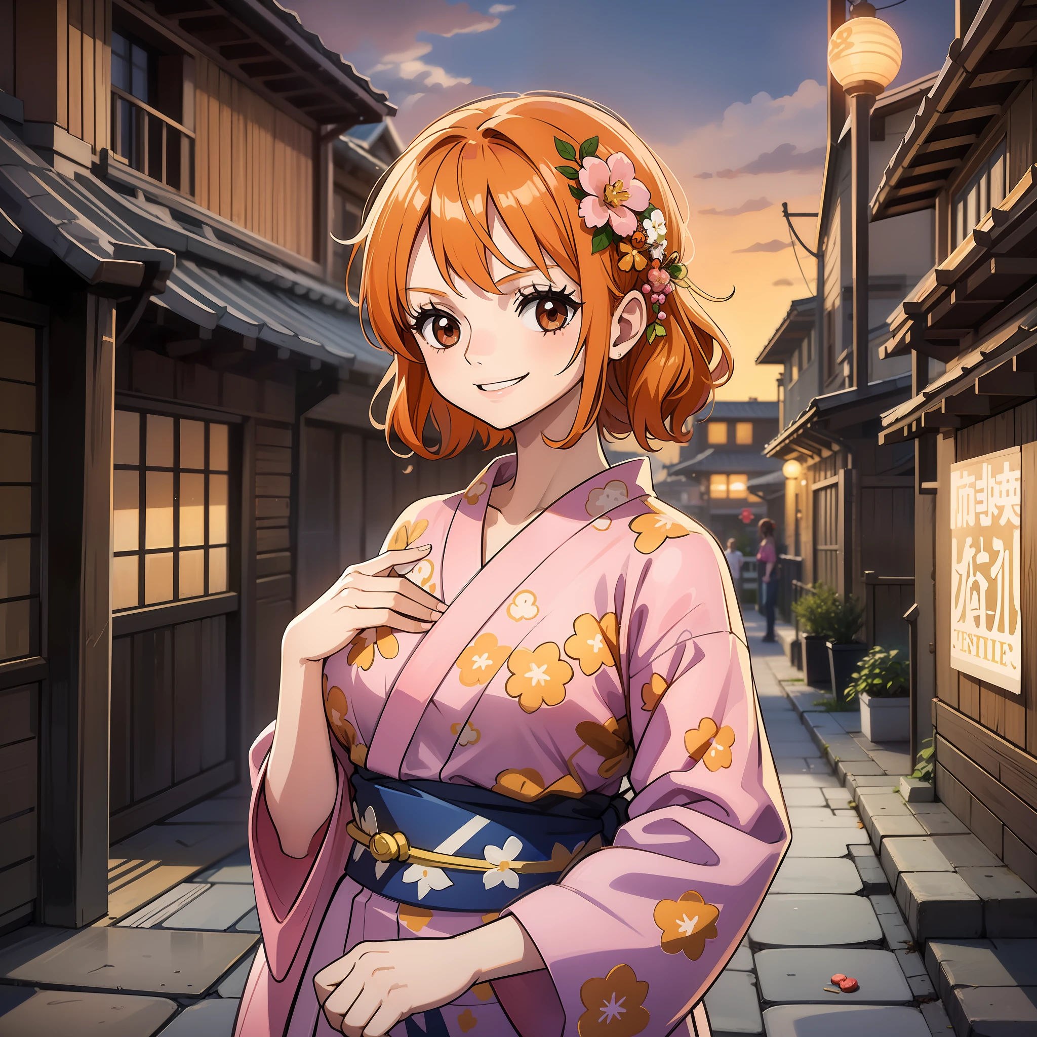 Cute  s,round and brown eyes、Orange hair color、no-bra、Medium Long Straight Hairstyles、Wearing a yukata with a white and pink floral pattern、Fireworks Festival、a smile、Have apple candy、natta、Wearing hair ornaments