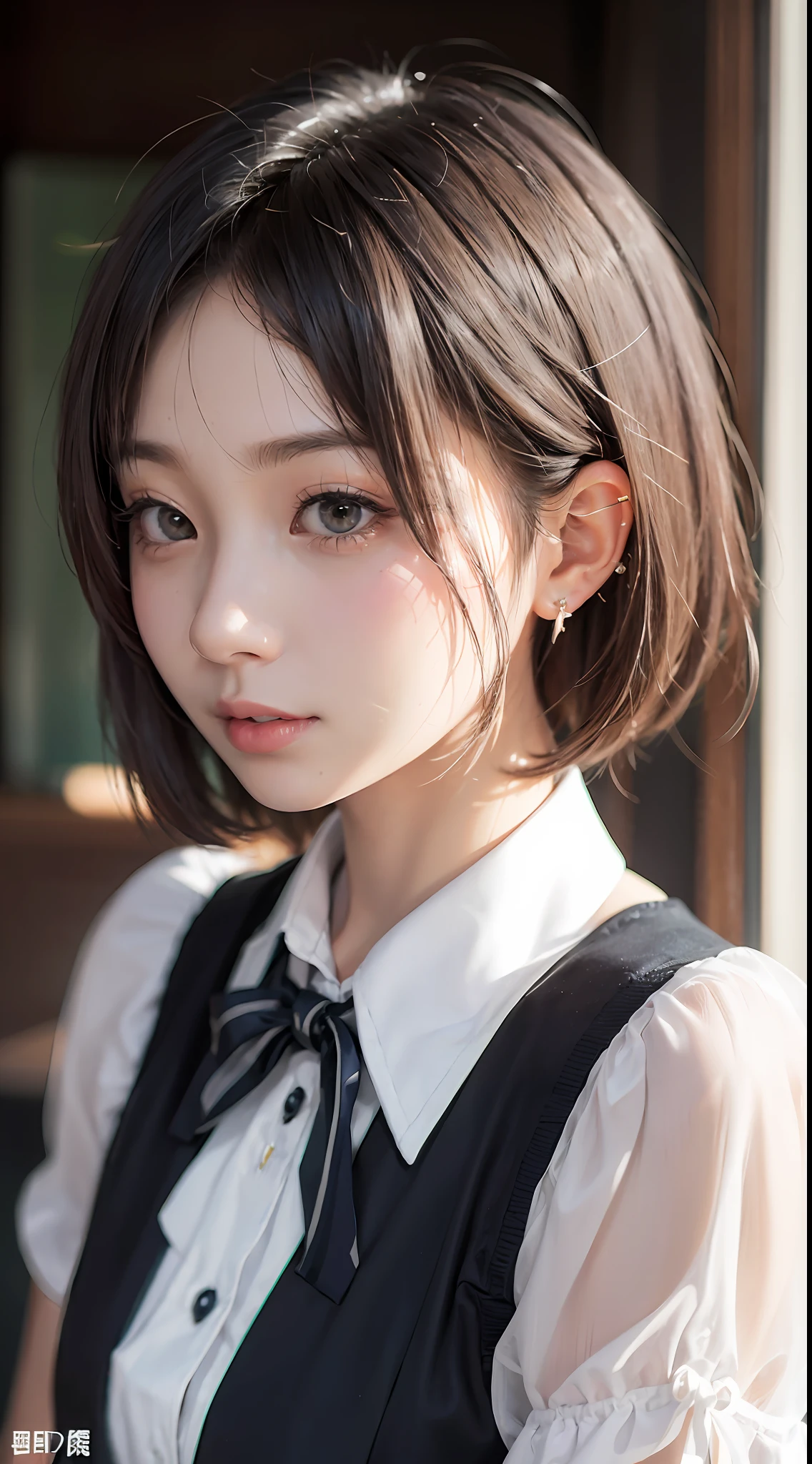 （top-quality、Photorealsitic、in 8K、hight resolution、）、女の子 1 人、（（（The upper part of the body、）））、（a small face、）a short bob、A dark-haired、Black eyes、（hi-school girl）、（Uniform with ribbon）、de pele branca、（Real Skin Textures 1.3）real looking skin、piercings、bbw、50mm Lens、30mm film、simple background、Gray background、