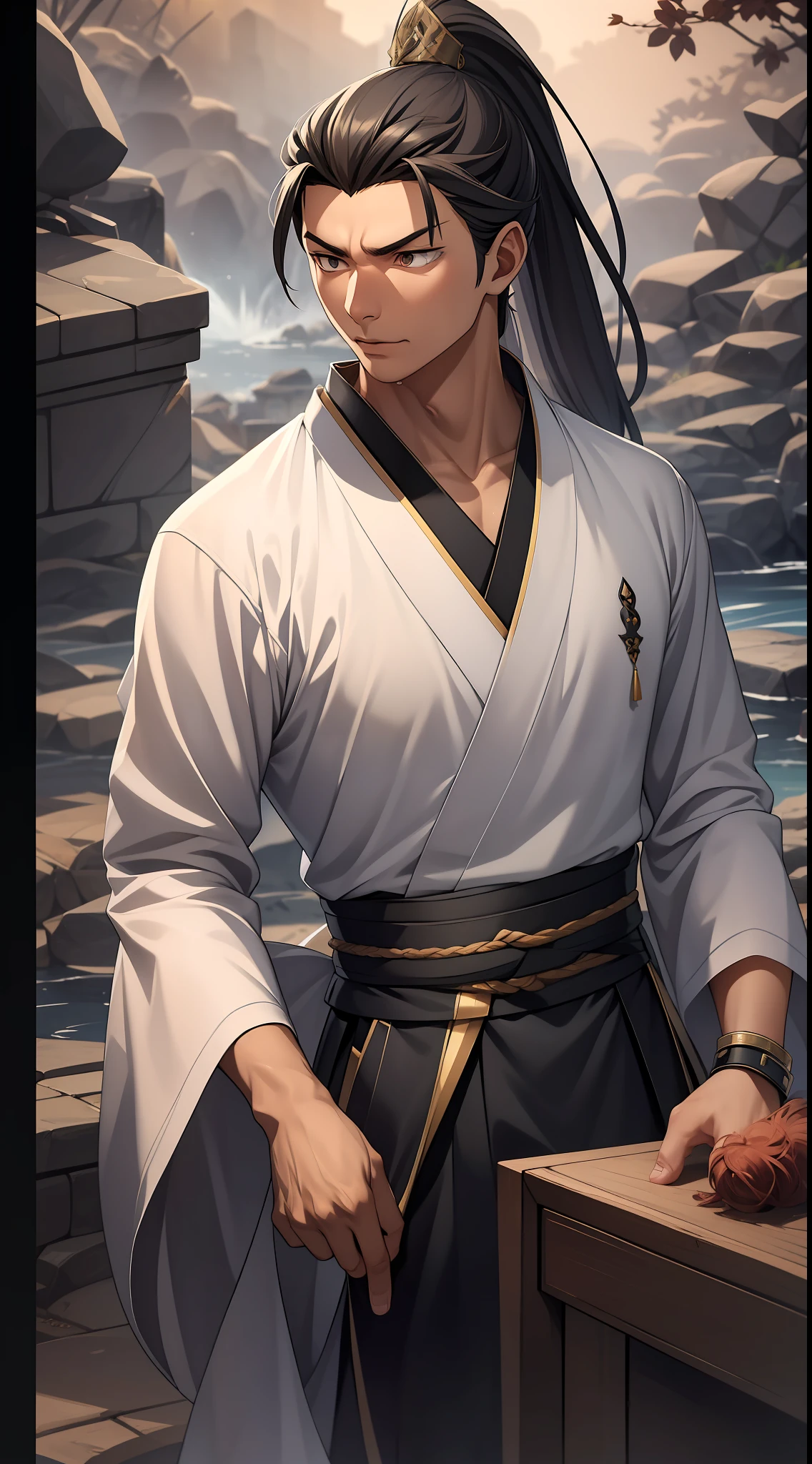 quadratic element,style of anime,mtu(Male Warrior),The proportions are correct,Face details,swordsmen,High ponytail hairstyle,Neck details,There is an Adam's apple,Black Hanfu,kaftan,black toga,clothes details,Handing over,longer sleeves,Game quality,Swordsmanship,Light and shadow tracking,Ray traching,detailed glow,cg render,hair detail,cabelos preto e longos,Black ㇏ eyes,Handsome,Handsome,(juvenile sense),Clothing is complicated,Perfectcomposition,Refinement,high qulity,higher details,Lots of details,The background is complex,a sense of atmosphere,