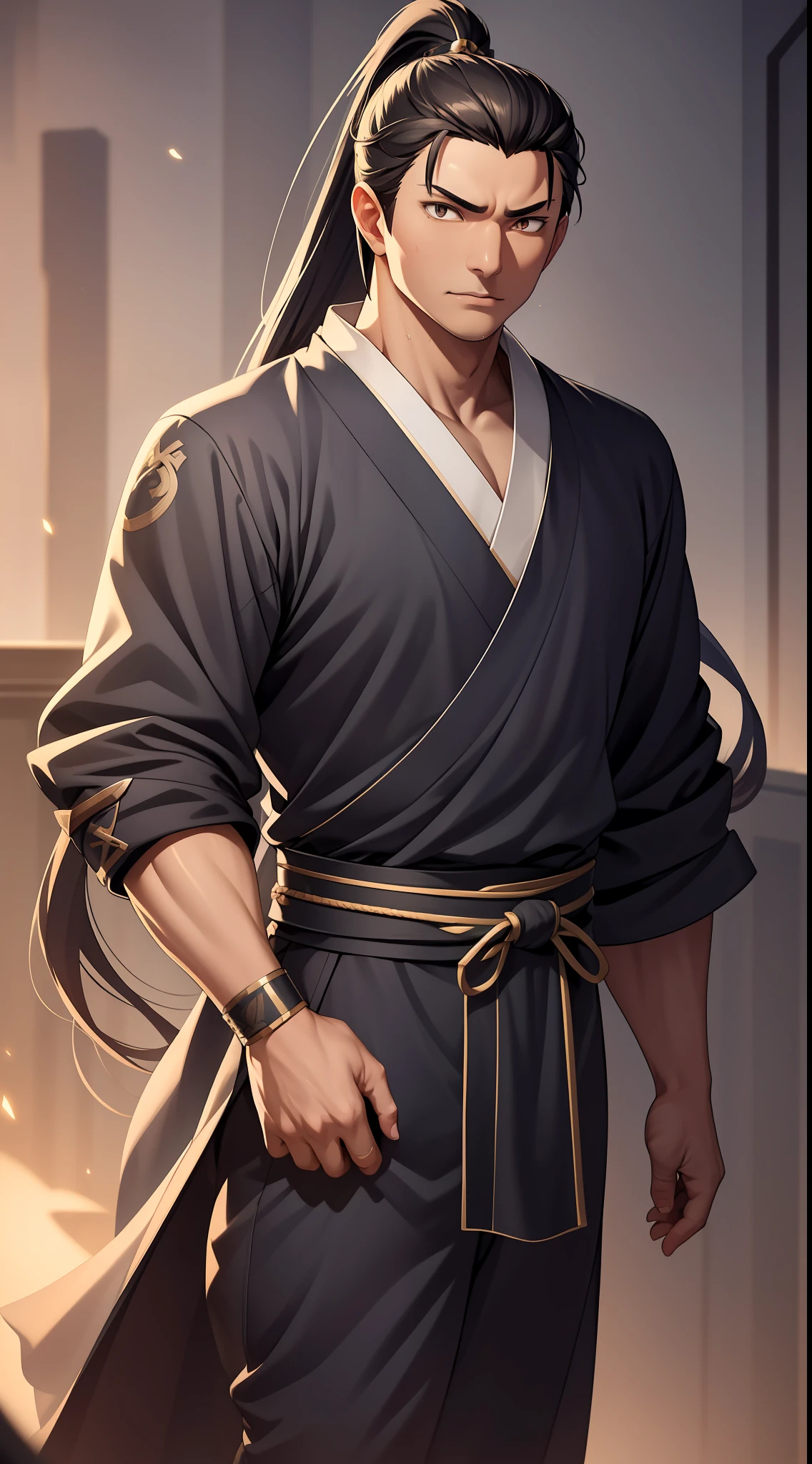 quadratic element,style of anime,mtu(Male Warrior),The proportions are correct,Face details,swordsmen,High ponytail hairstyle,Neck details,There is an Adam's apple,Black Hanfu,kaftan,black toga,clothes details,Handing over,longer sleeves,Game quality,Swordsmanship,Light and shadow tracking,Ray traching,detailed glow,cg render,hair detail,cabelos preto e longos,Black ㇏ eyes,Handsome,Handsome,(juvenile sense),Clothing is complicated,Perfectcomposition,Refinement,high qulity,higher details,Lots of details,The background is complex,a sense of atmosphere,