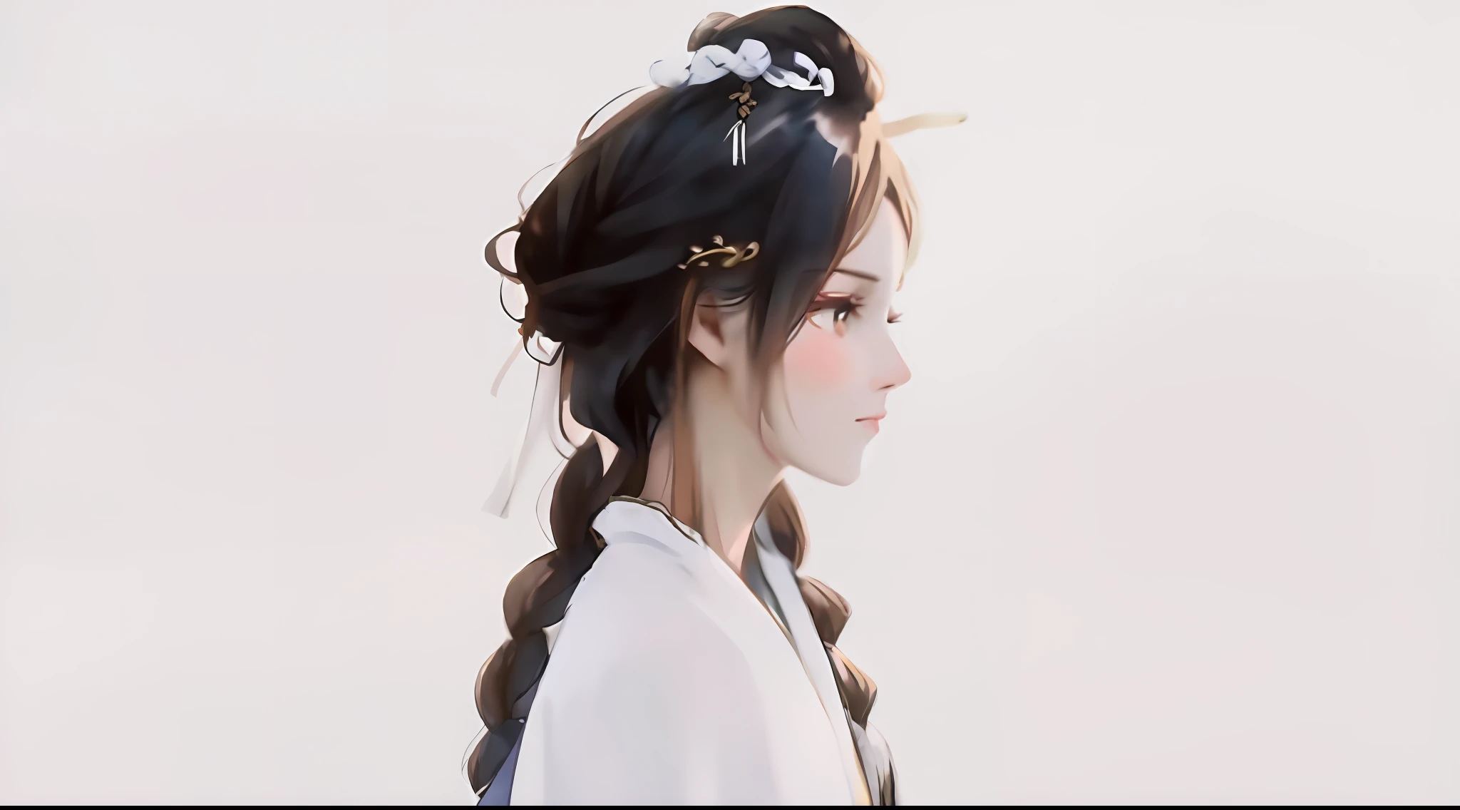 A woman with long braided hair and a white shirt，In the royal palace，A girl in Hanfu，Hanfu，White Hanfu，traditional female hairstyles，Wearing ancient Chinese clothes，braid hairstyle。