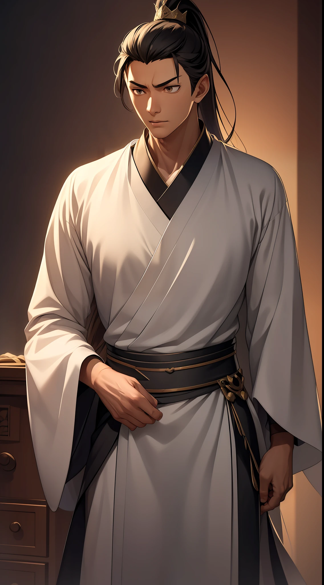 quadratic element，style of anime，mtu（Male Warrior），The proportions are correct，Face details，swordsmen，High ponytail hairstyle，Neck details，There is an Adam's apple，Black Hanfu，kaftan，black toga，clothes details，Handing over，longer sleeves，Game quality，Swordsmanship，Light and shadow tracking，Ray traching，detailed glow，cg render，hair detail，cabelos preto e longos，Black ㇏ eyes，Handsome，Handsome，（juvenile sense），Clothing is complicated，Perfectcomposition，Refinement，high qulity，higher details，Lots of details，The background is complex，a sense of atmosphere，