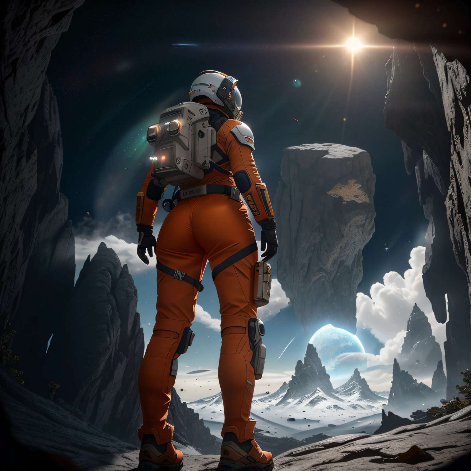 rear angle, Highly detailed RAW color Photo, Rear Angle, Full Body, of (female space soldier, wearing orange and white space suit, helmet, tined face shield, rebreather, accentuated booty), outdoors, (looking up at advanced alien structure, on alien planet), toned body, big butt, (sci-fi), (mountains:1.1), (lush green vegetation), (two moons in sky:0.8), (highly detailed, hyperdetailed, intricate), ((DAY TIME)), (lens flare:0.7), (bloom:0.7), particle effects, raytracing, cinematic lighting, shallow depth of field, photographed on a Sony a9 II, 50mm wide angle lens, sharp focus, cinematic film still from Gravity 2013, from behind